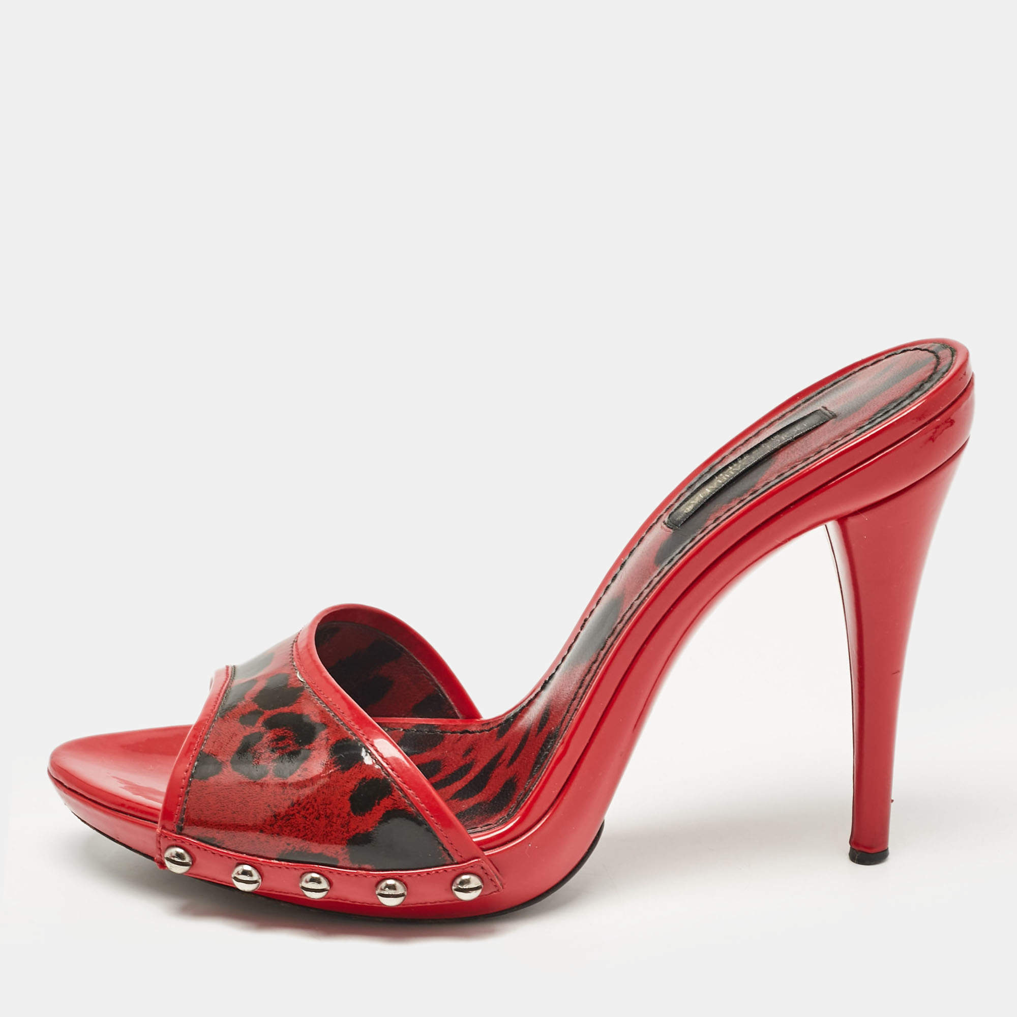 Pre Owned Dolce & Gabbana Red Patent Leather Leopard Print Slide Sandals Size 38