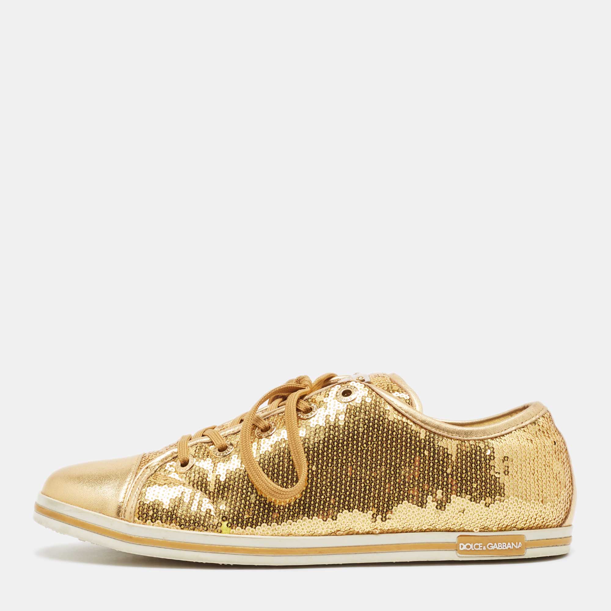 Pre Owned Dolce & Gabbana Gold Leather and Sequins Low Top Sneakers Size 40