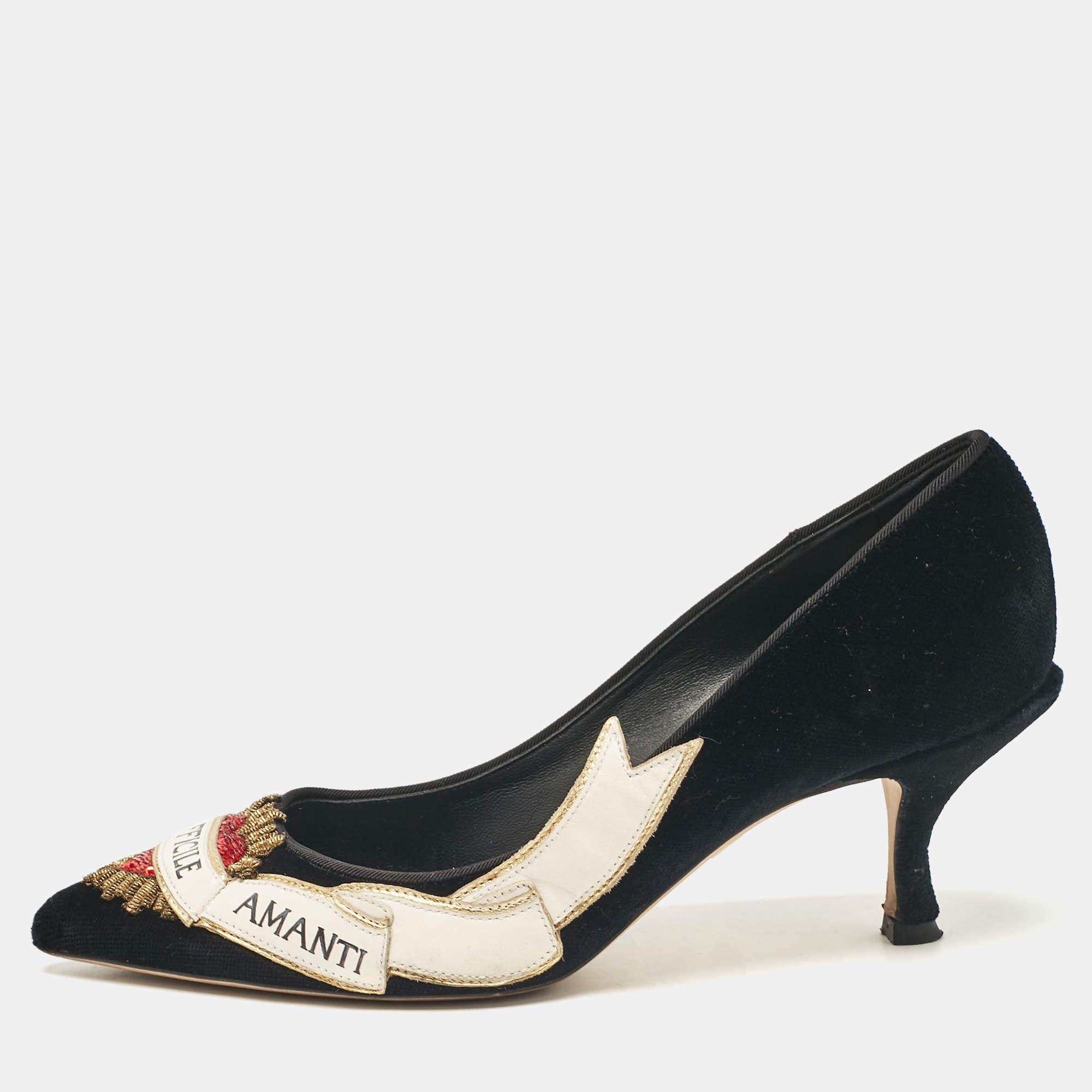Pre Owned Dolce & Gabbana Black Velvet Love Embellished Pointed Toe Pumps Size 38.5