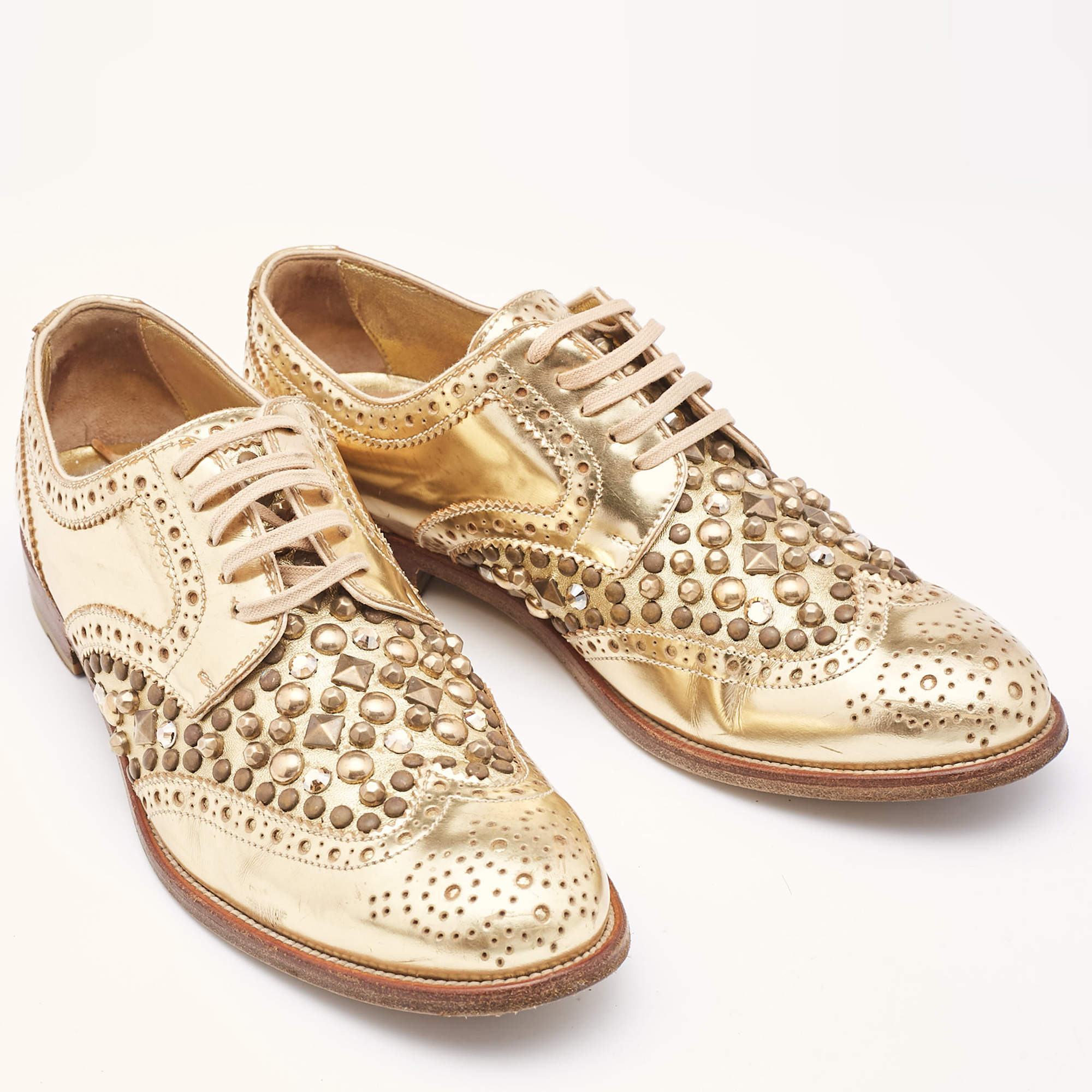 Dolce Gabbana Gold Brogue Leather Studded Derby Size Dolce