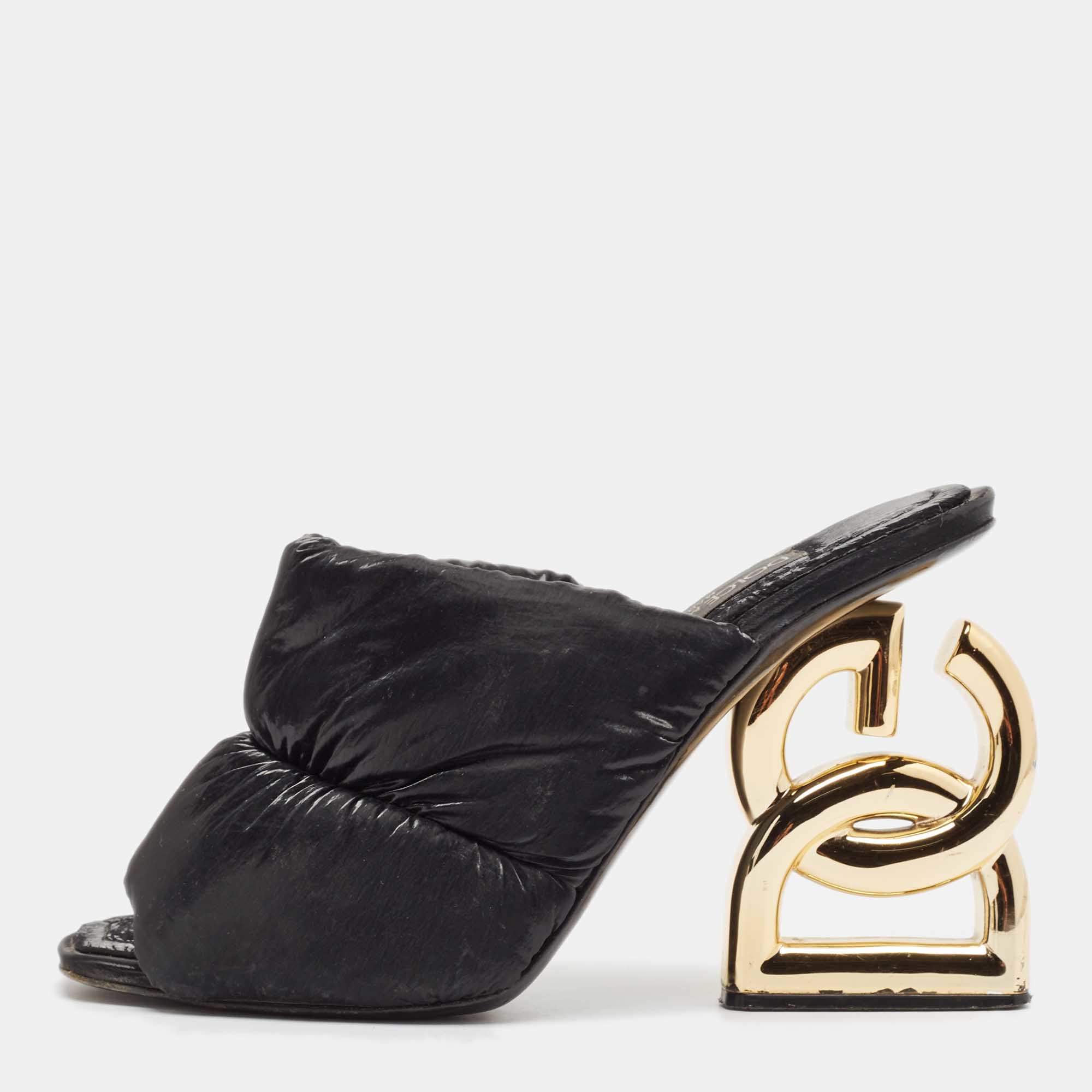 Pre Owned Dolce & Gabbana Black Quilted Nylon DG Heel Slide Sandals Size 38.5