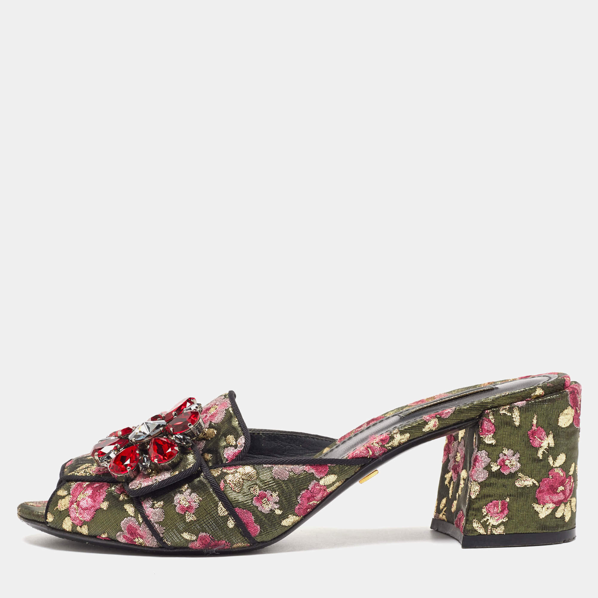 Dolce & Gabbana Black Brocade Fabric Floral Print Slide Sandals Size 41