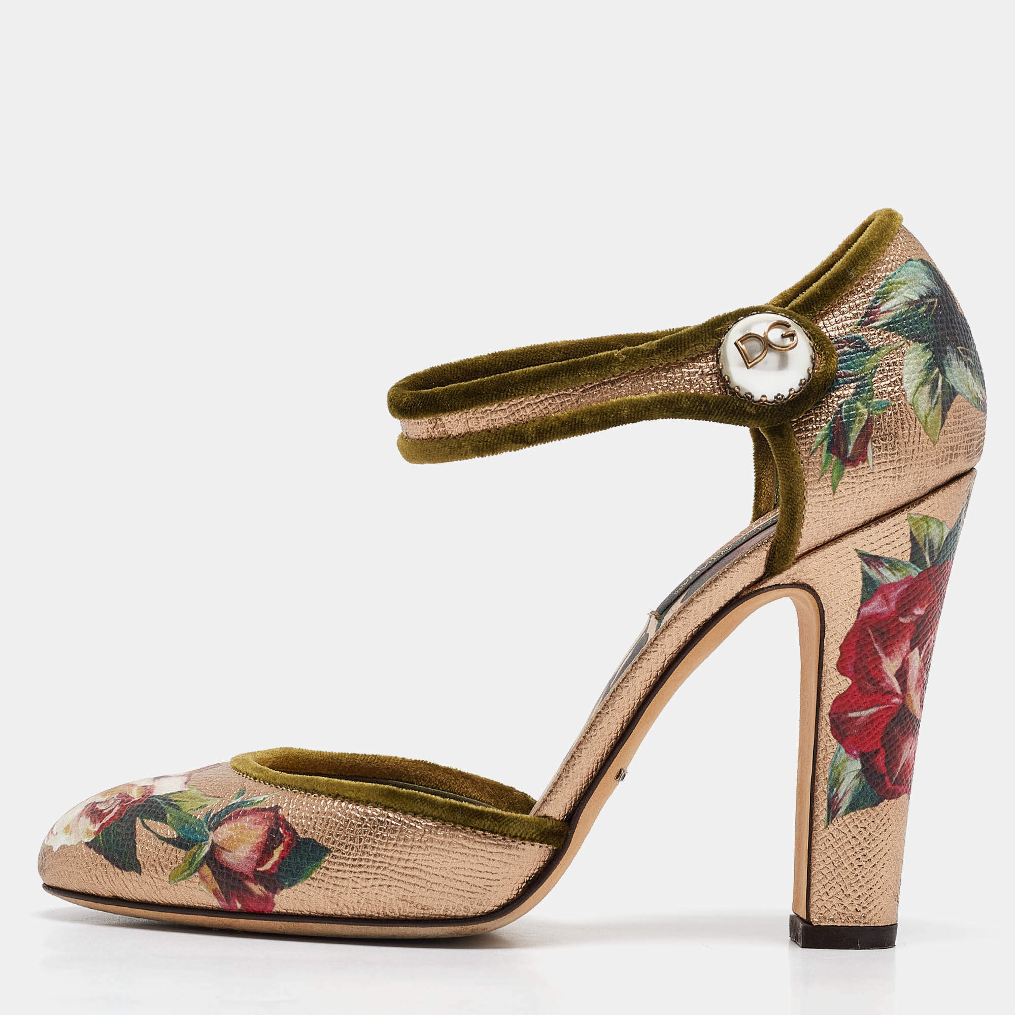 Pre Owned Dolce & Gabbana Metallic Floral Print Leather Ankle Strap Pumps Size 37