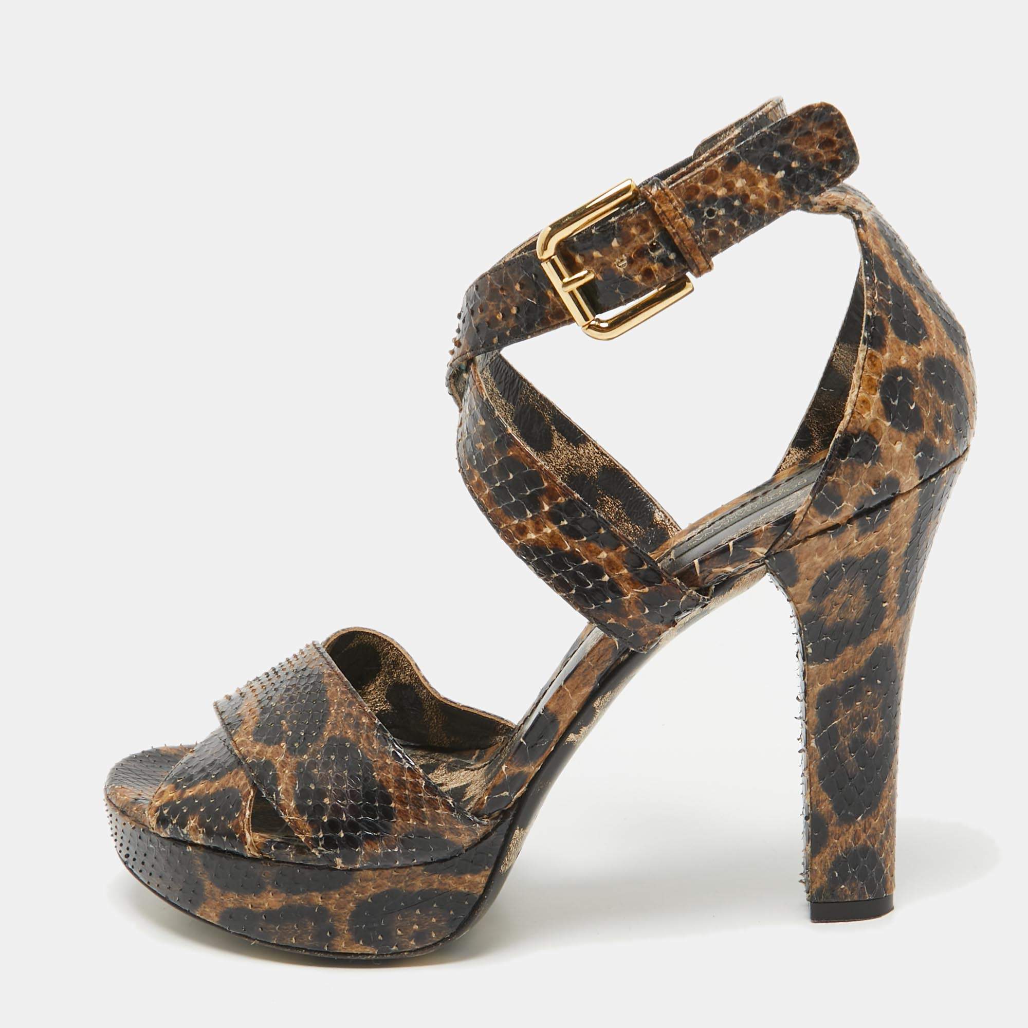 Dolce & Gabbana Brown/Black Python Platform Ankle Strap Sandals Size 41