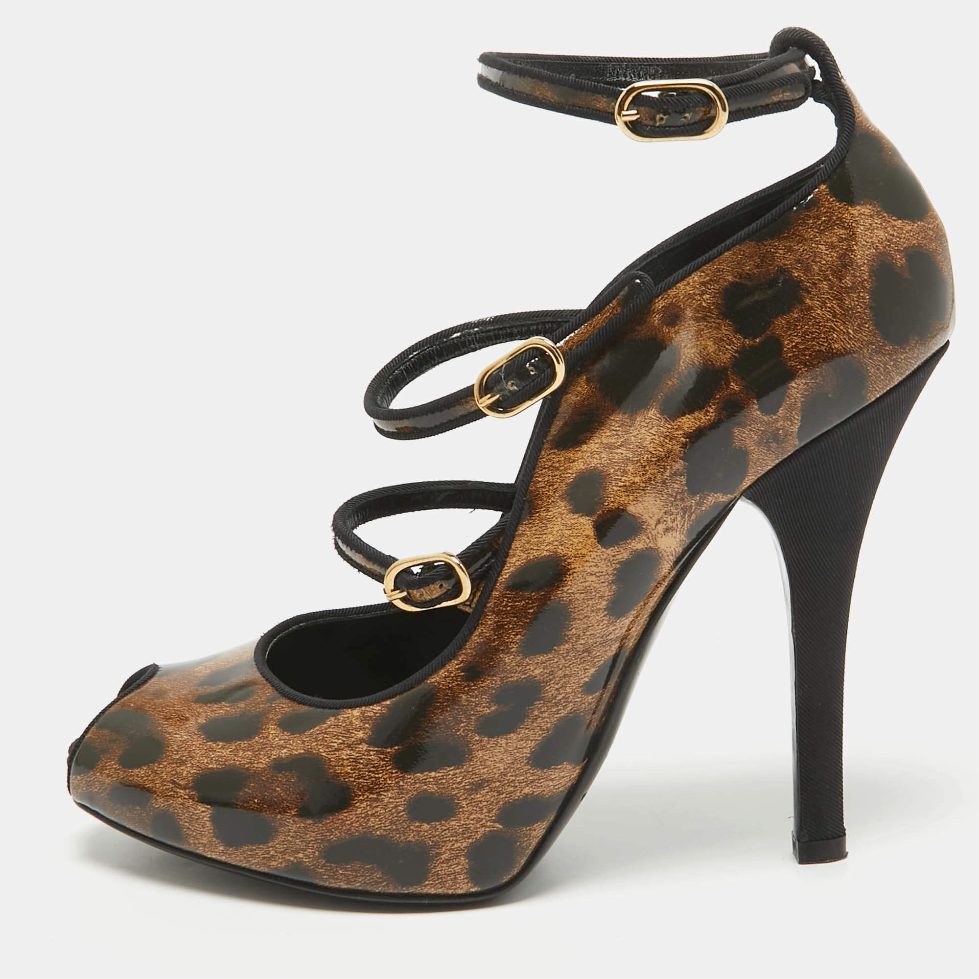 Dolce & Gabbana Brown/Black Leopard Print Patent Peep Toe Pumps Size 38.5