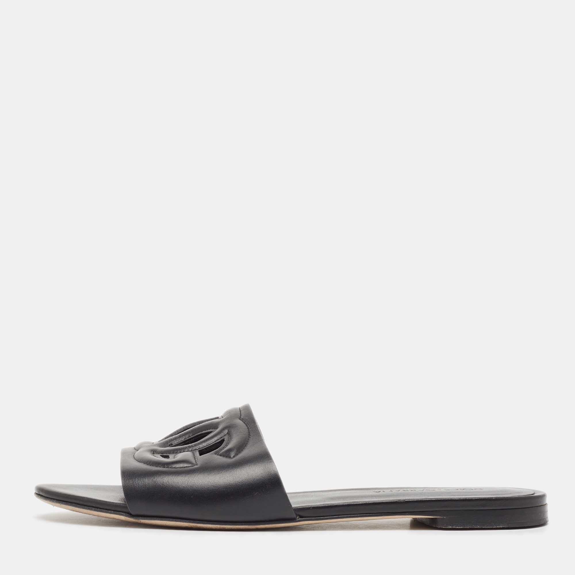 Pre Owned Dolce & Gabbana Black Leather DG Laser Cut Slide Flat Sandals Size 38.5