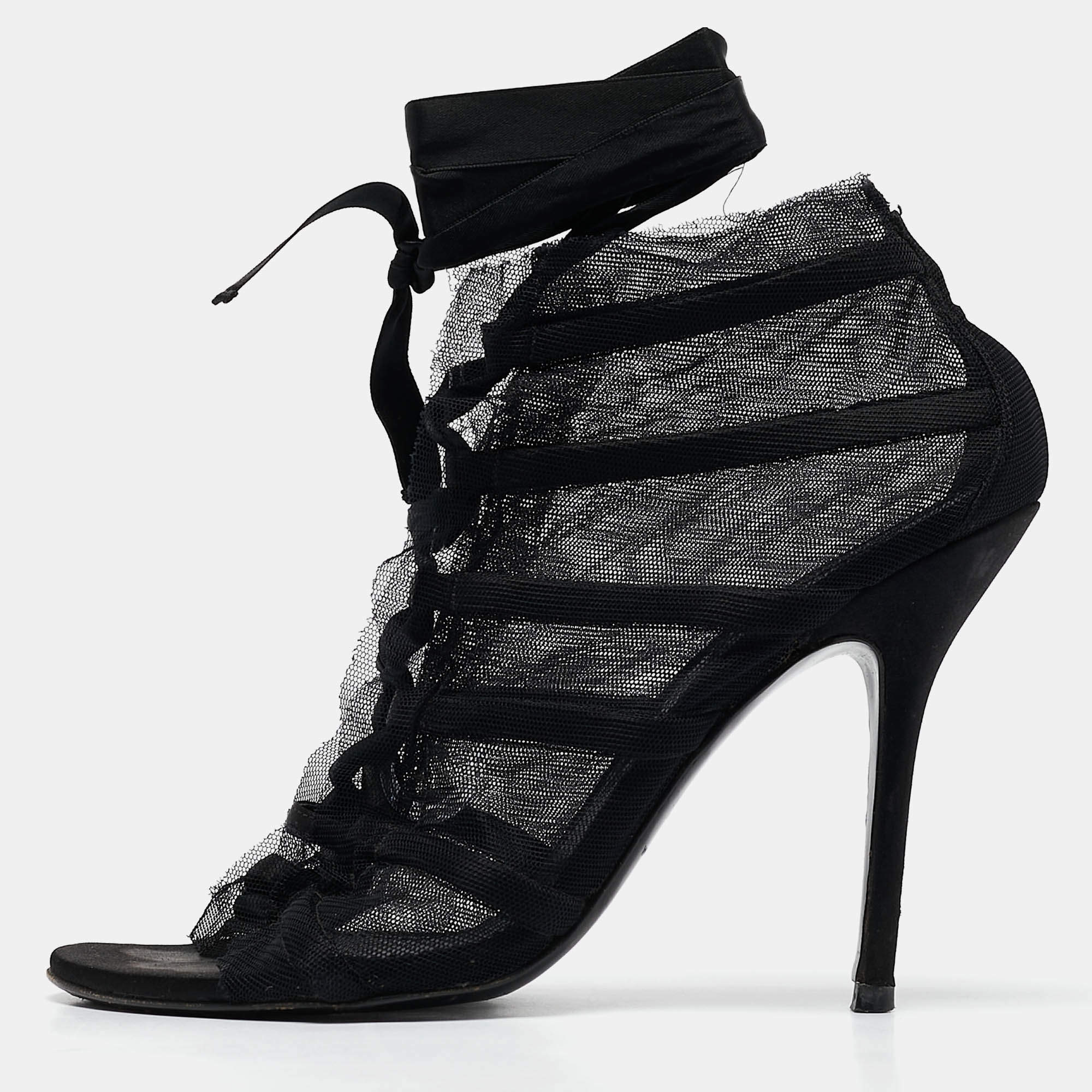 Dolce & Gabbana Black Mesh and Satin Lace Up Peep Toe Booties Size 40