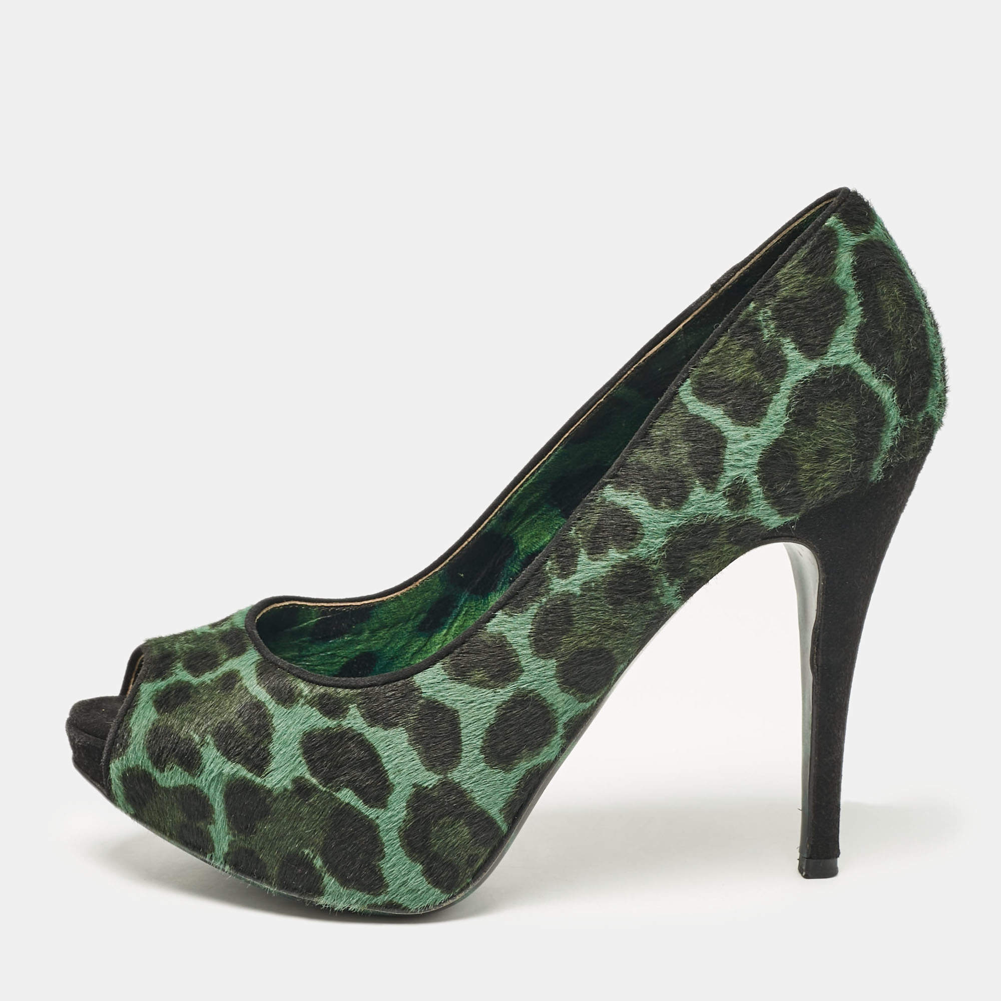 Dolce & Gabbana Green Calf Hair Peep Toe Pumps Size 37.5