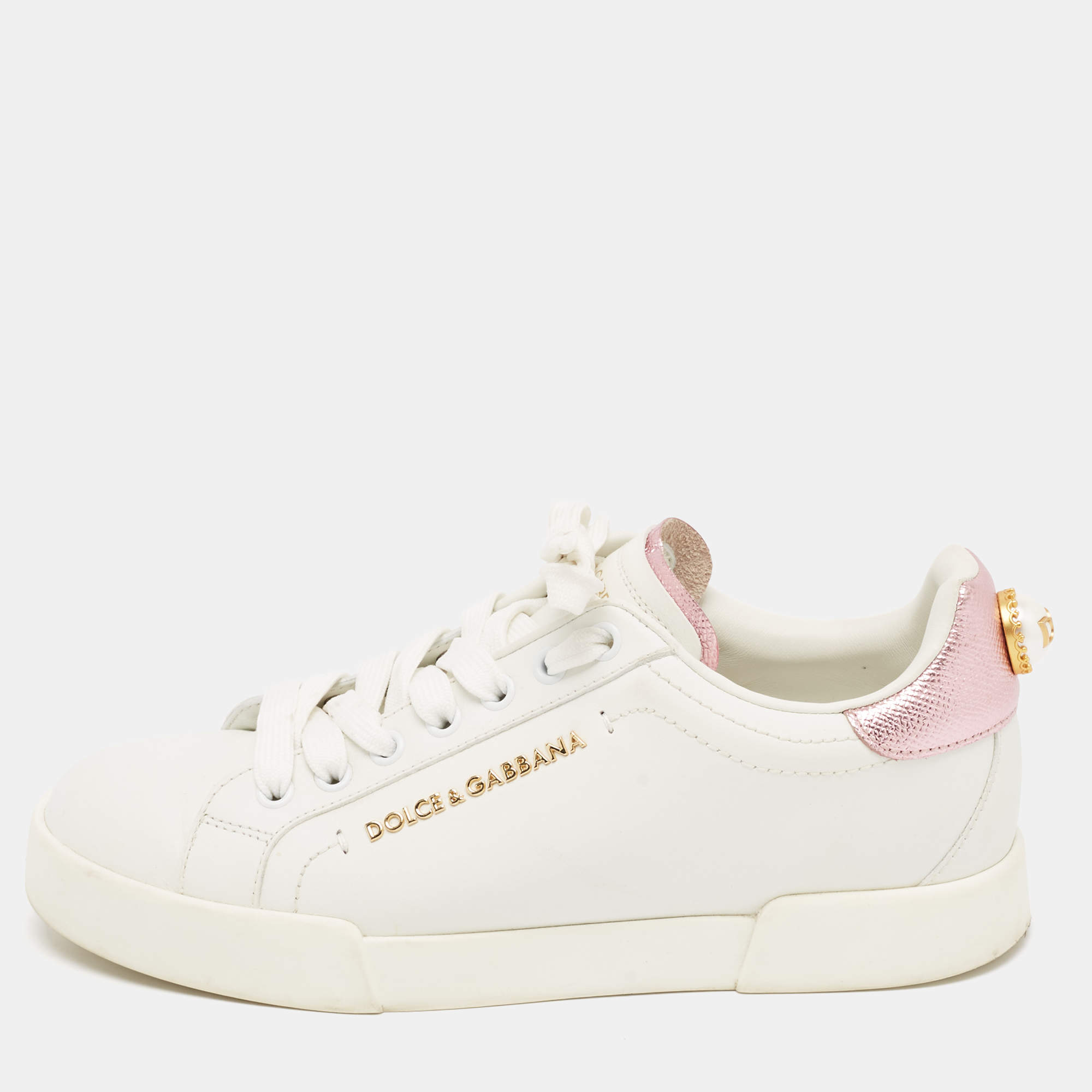 Pre Owned Dolce & Gabbana White/Pink Leather Portofino Pearl Embellished Low Top Sneakers Size 37
