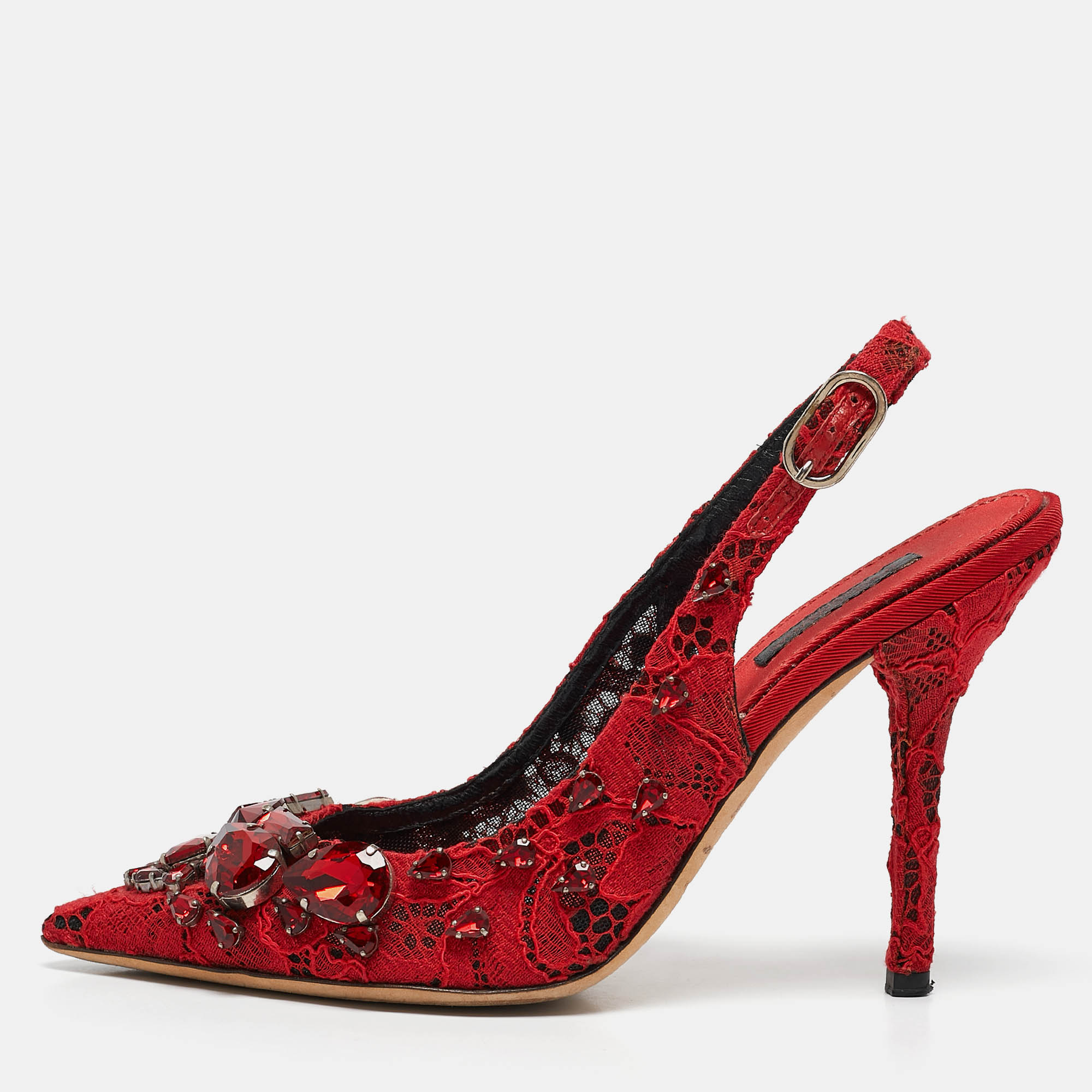 Dolce & Gabbana Red Lace and Mesh Crystal Embellished Slingback Pumps Size 37