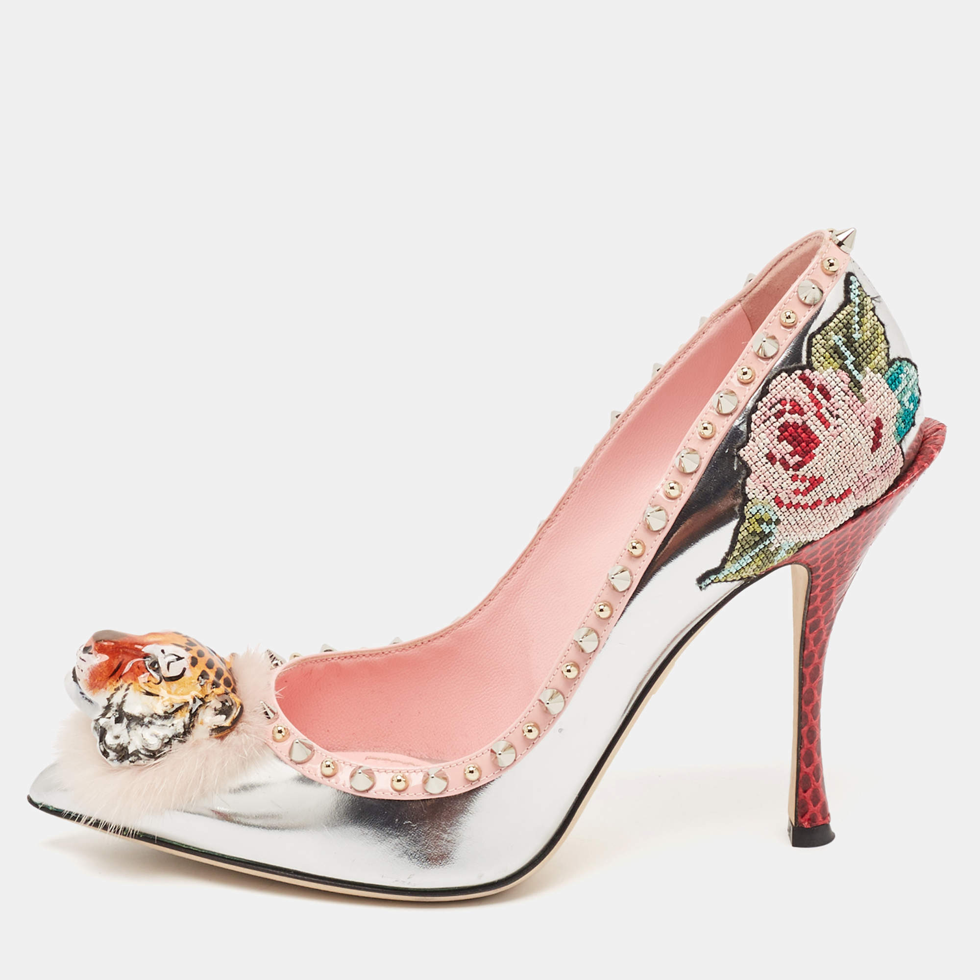 Pre Owned Dolce & Gabbana Silver Fur and Leather Tiger Embellished Pumps Size 38