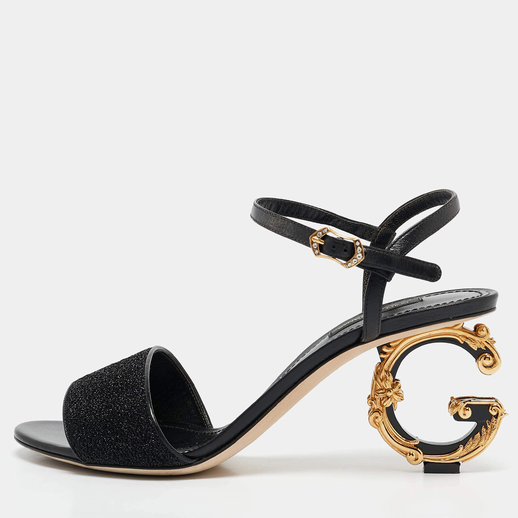 Pre Owned Dolce & Gabbana Black Leather and Lurex Keira DG Baroque Sandals Size 39