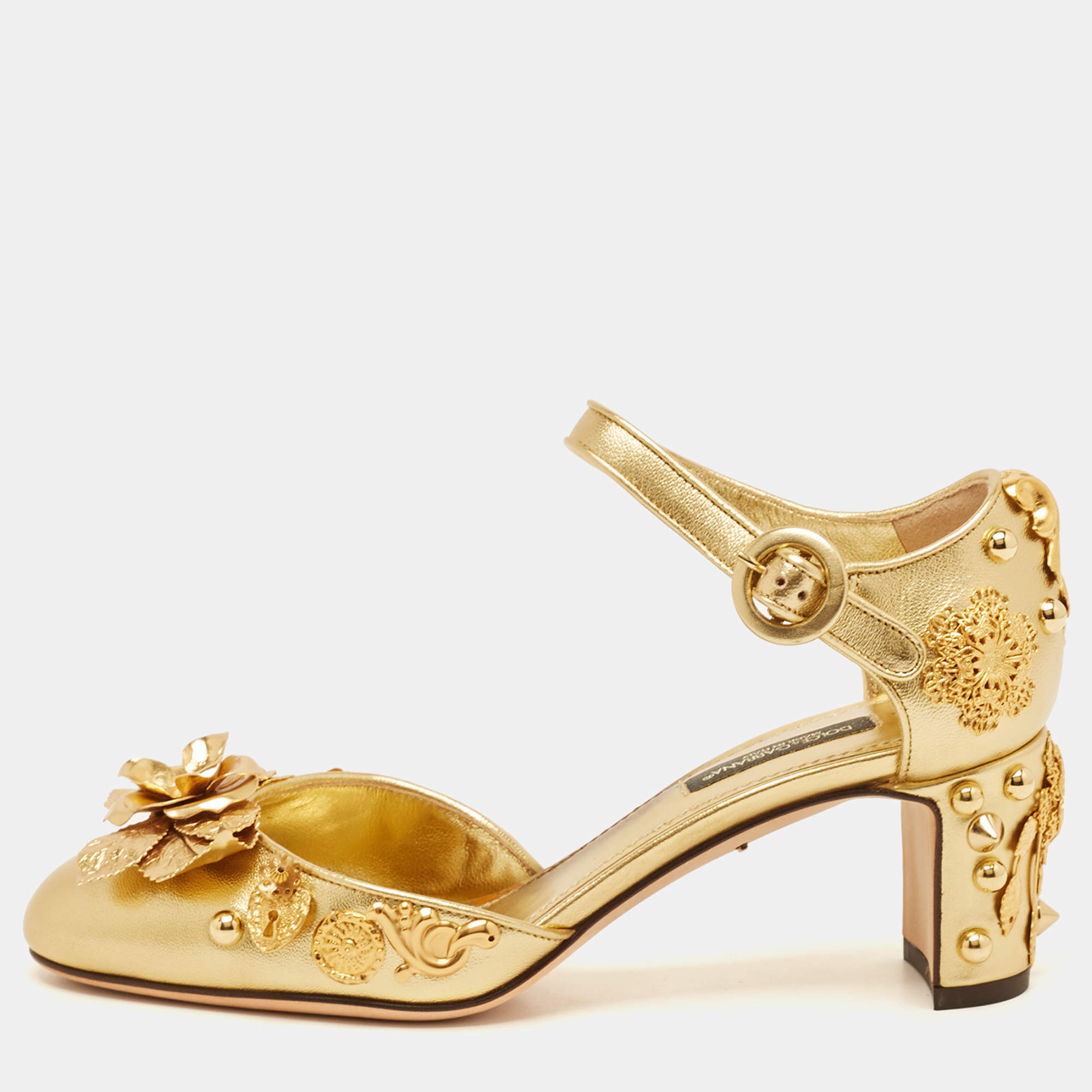 Pre Owned Dolce & Gabbana Gold Leather Embellished Ankle Strap Sandals Size 35