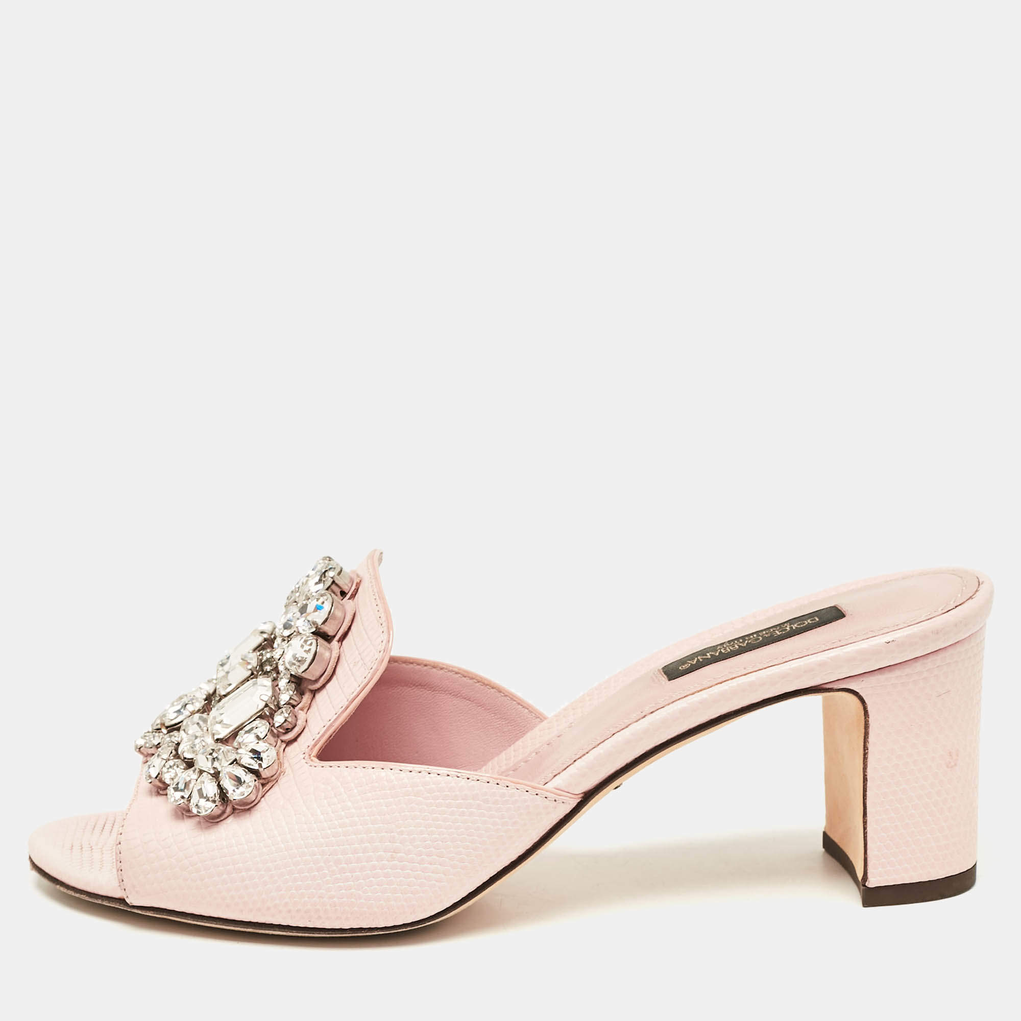 Pre Owned Dolce & Gabbana Pink Lizard Embossed Leather Crystal Embellished Slide Sandals Size 37