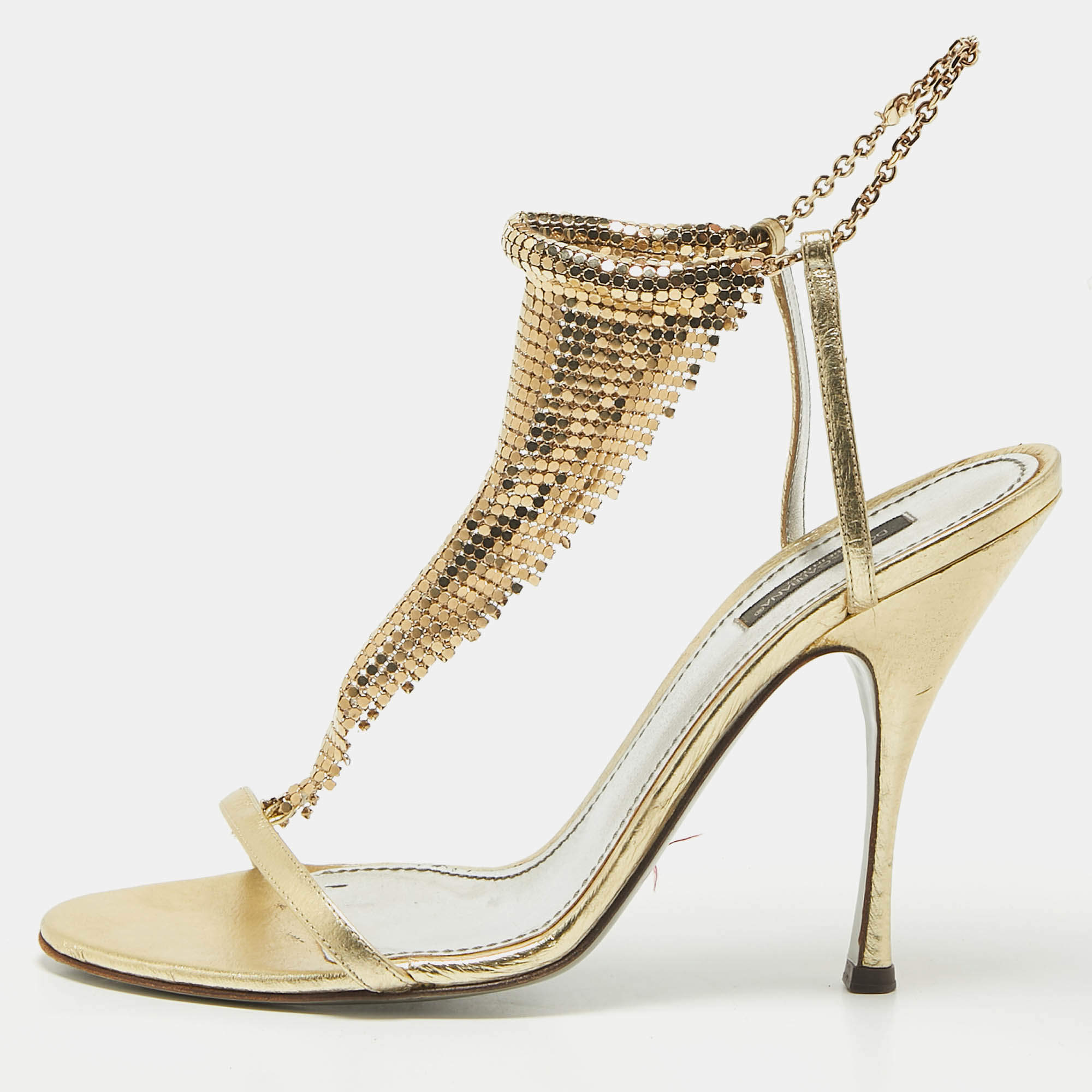 Pre Owned Dolce & Gabbana Metallic Gold Leather and Metal Ankle Strap Sandals Size 40