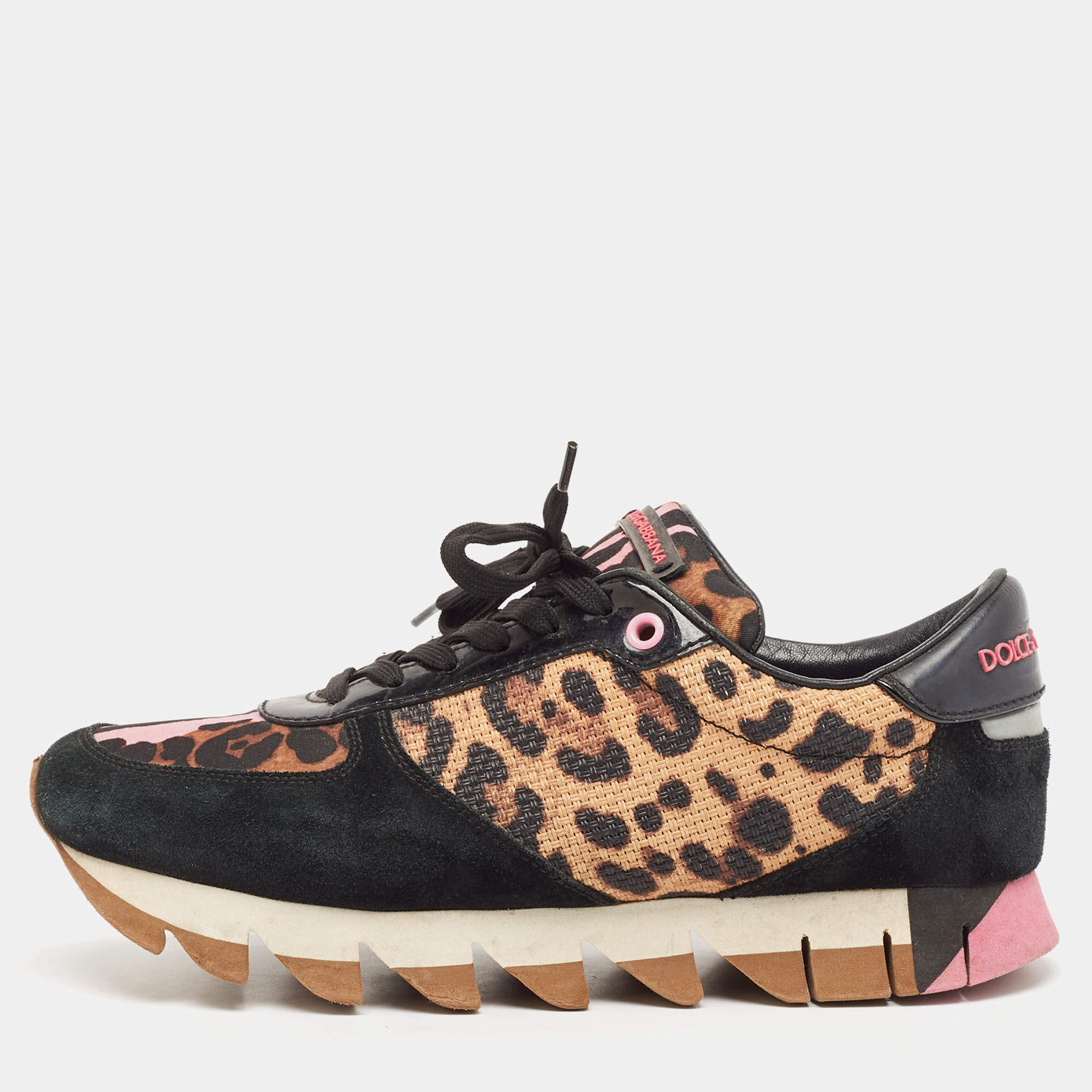 Pre Owned Dolce & Gabbana Black/Brown Suede and Leopard Print Fabric Low Top Sneakers Size 39