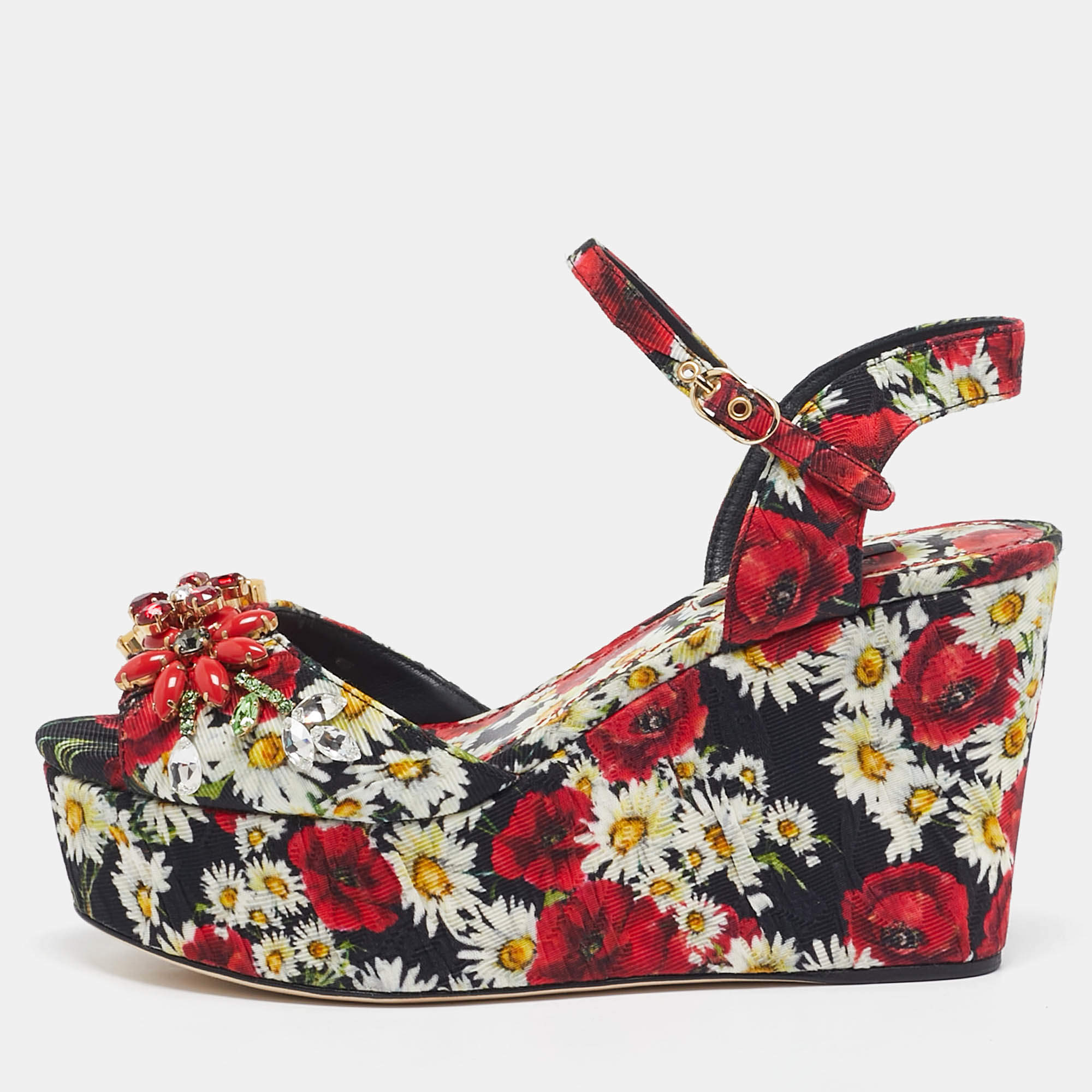 Dolce & Gabbana Red Floral Print Brocade Fabric Wedge Sandals Size 35