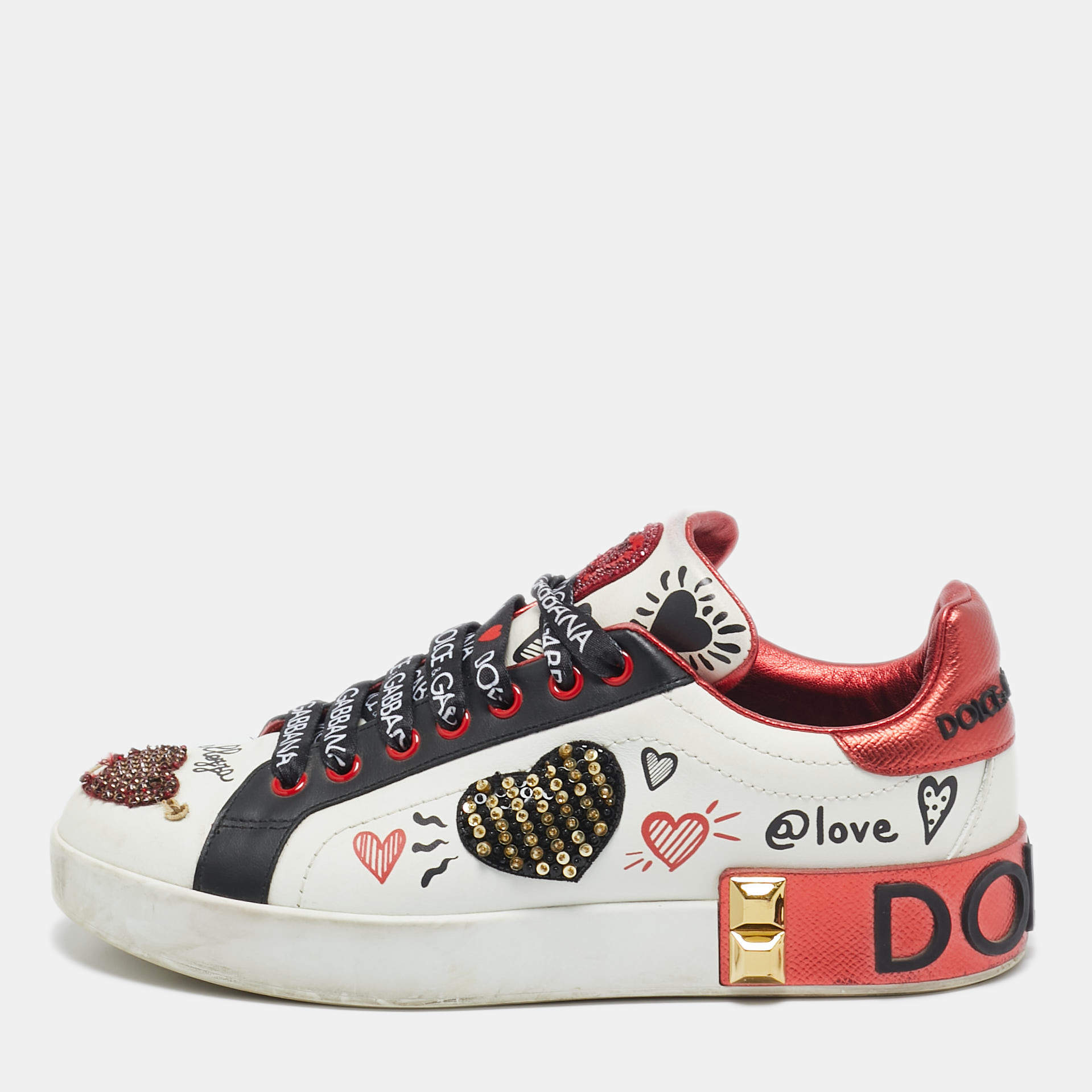 Pre Owned Dolce & Gabbana Multicolor Leather Amore Heart Embroidered Low Top Sneakers Size 38