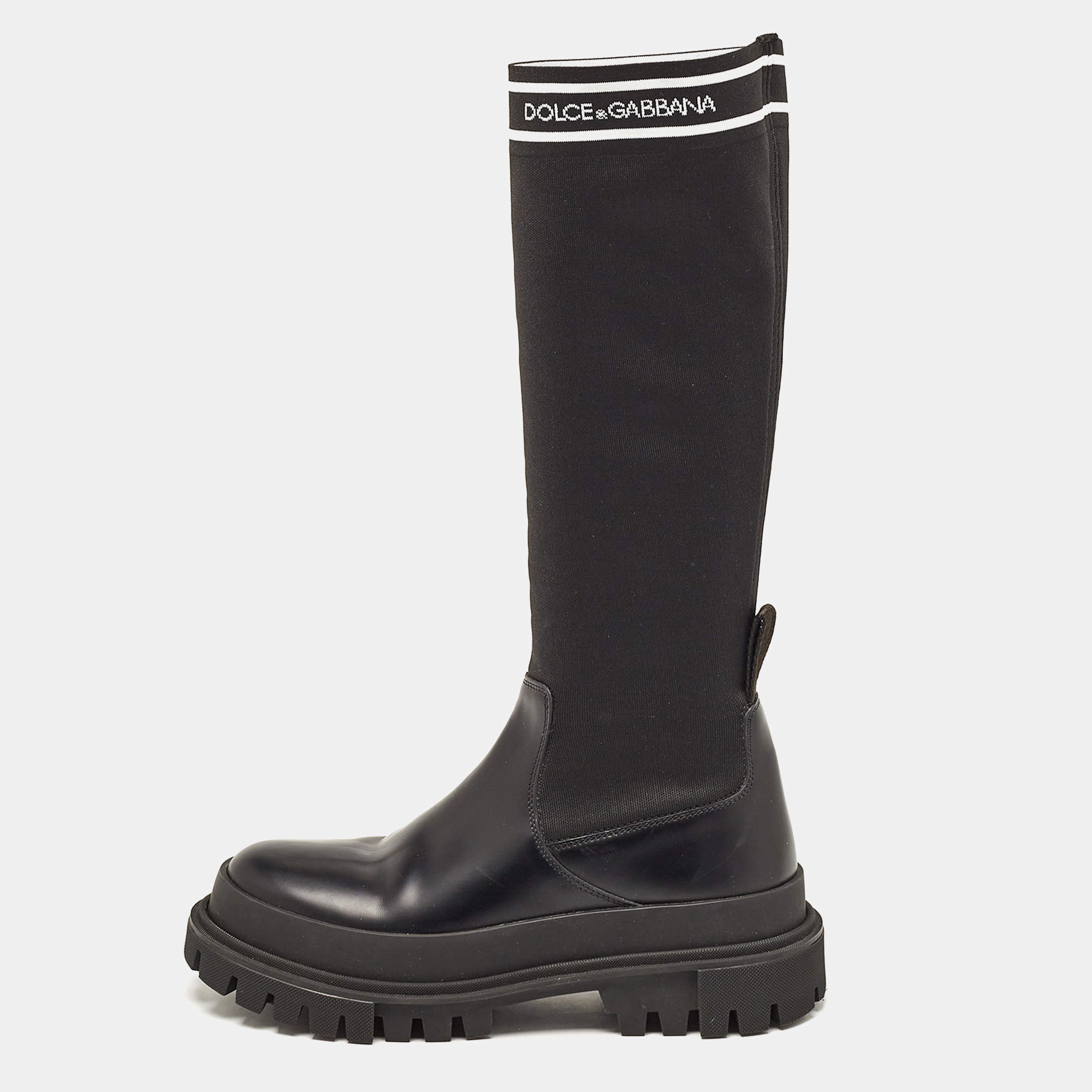 Pre Owned Dolce & Gabbana Black Leather and Stretch Fabric Knee Polyester Length Boots Size 40