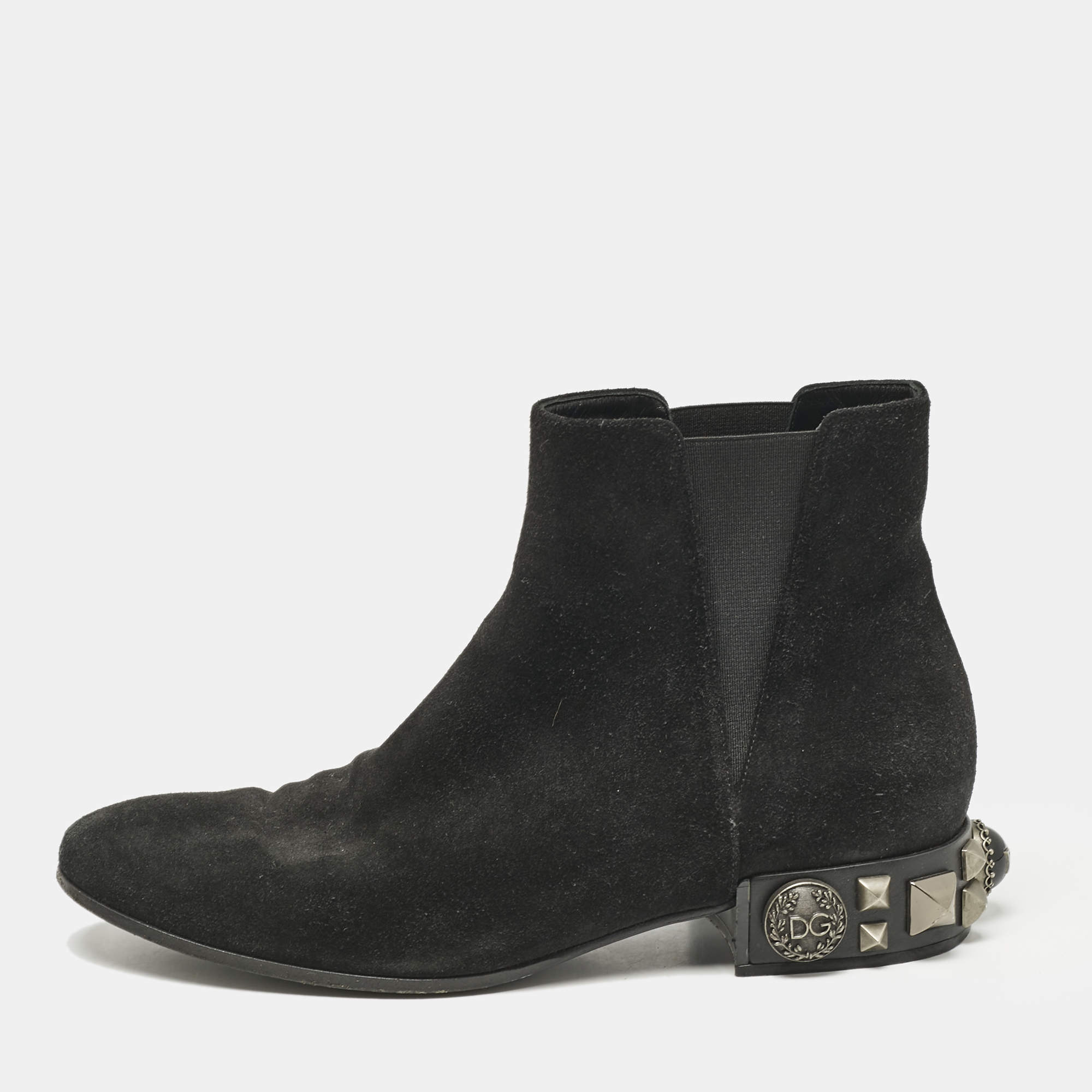Dolce & Gabbana Black Suede Studded Heel Ankle Length Boots Size 37