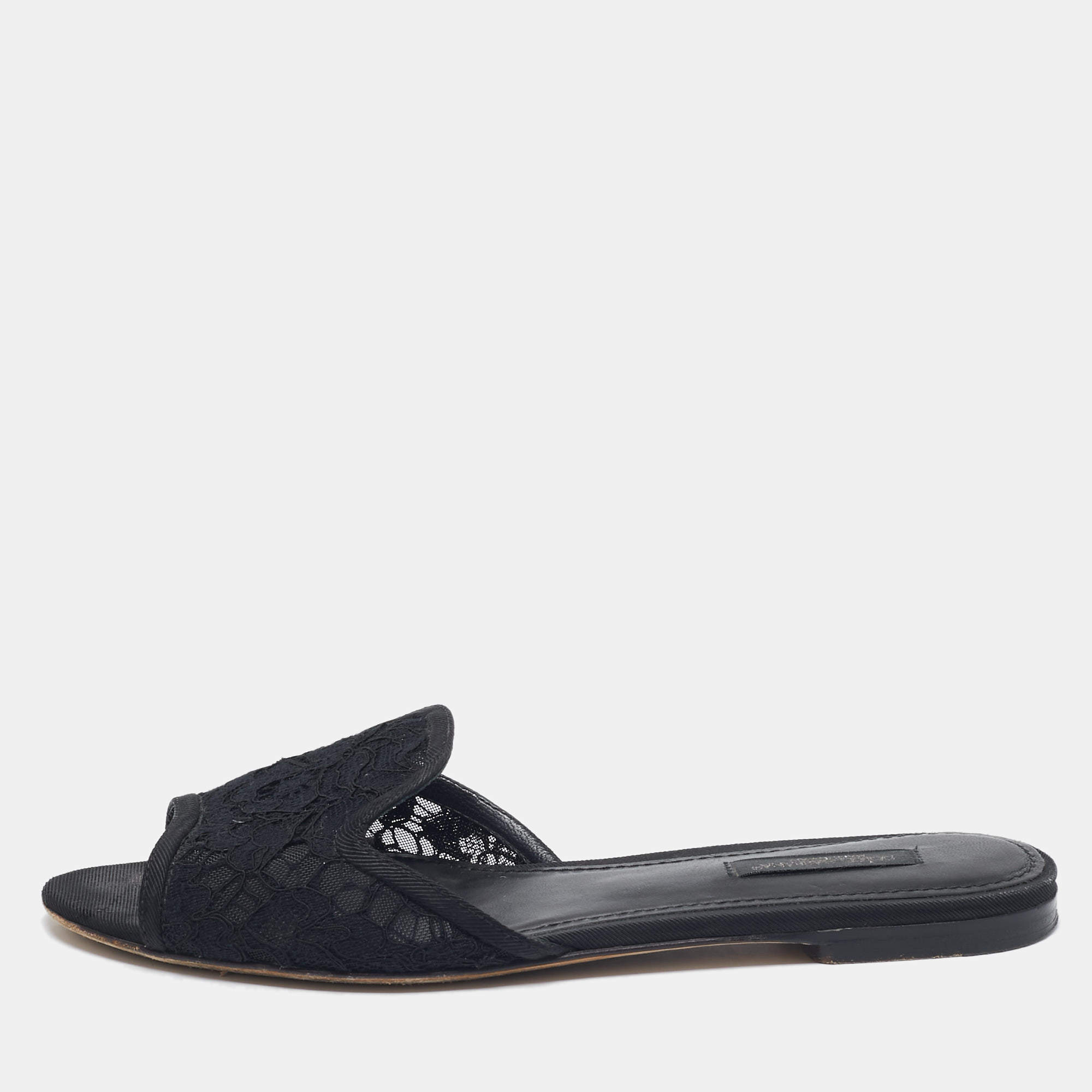 Dolce & Gabbana Black Lace and Mesh Flat Slides Size 36.5