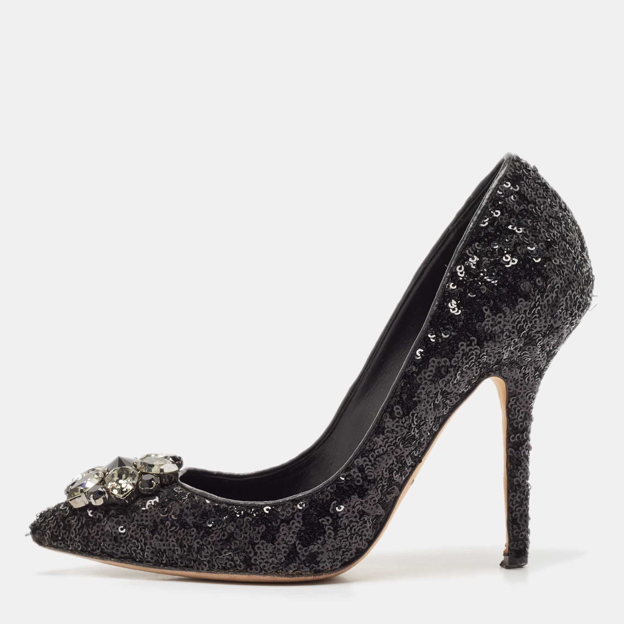 Dolce & Gabbana Black Sequins Crystal Embellished Bellucci Pumps Size 38