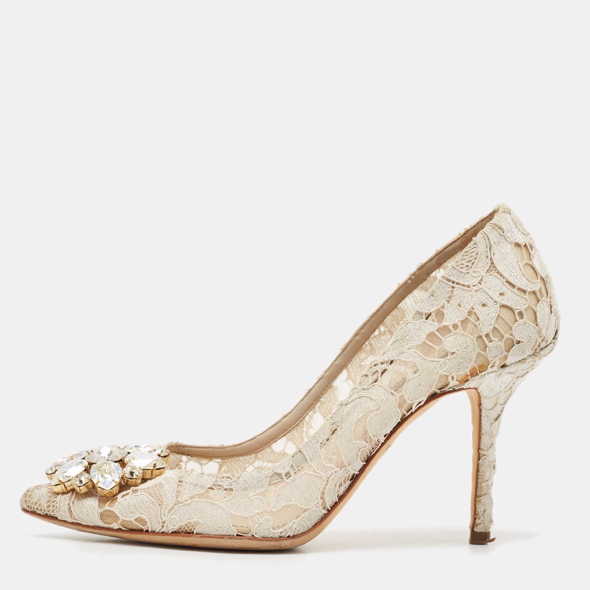 Pre Owned Dolce & Gabbana White Lace and Mesh Bellucci Pumps Size 36