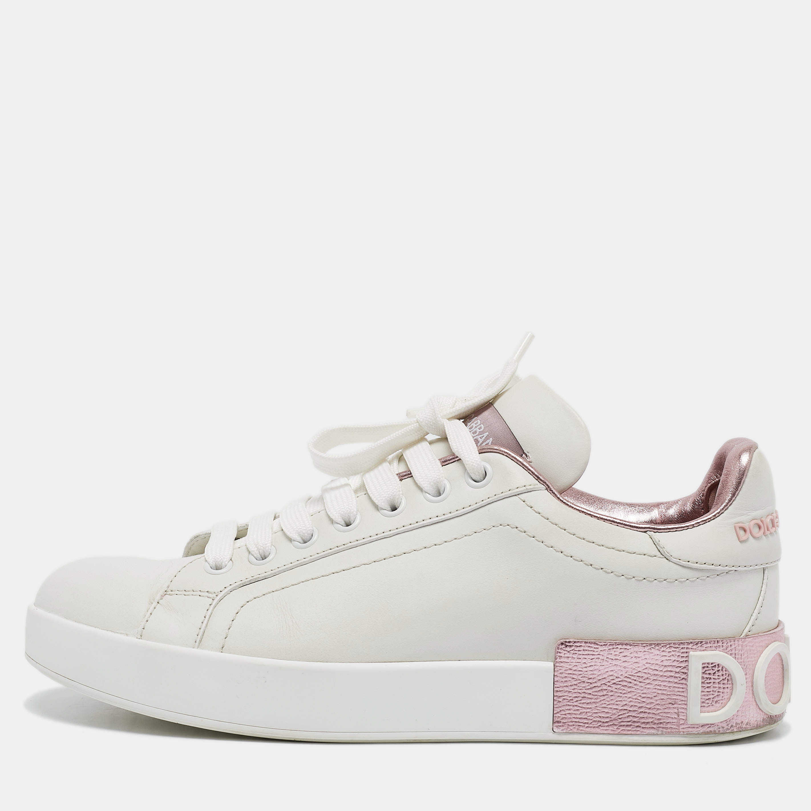 Pre Owned Dolce & Gabbana White/Pink  Leather Portofino Low Top Sneakers Size 38