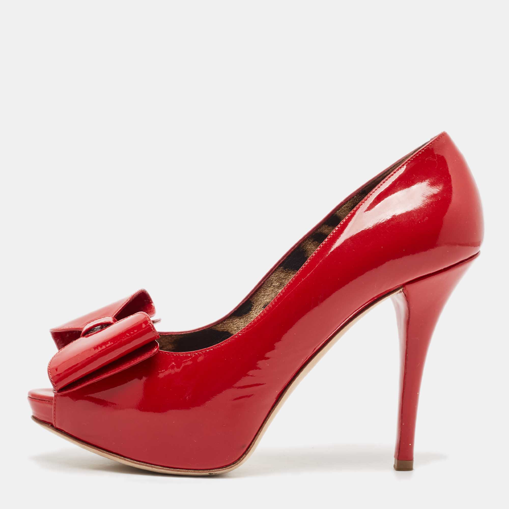 Dolce & Gabbana Red Patent Leather Bow Peep Toe Platform Pumps Size 39