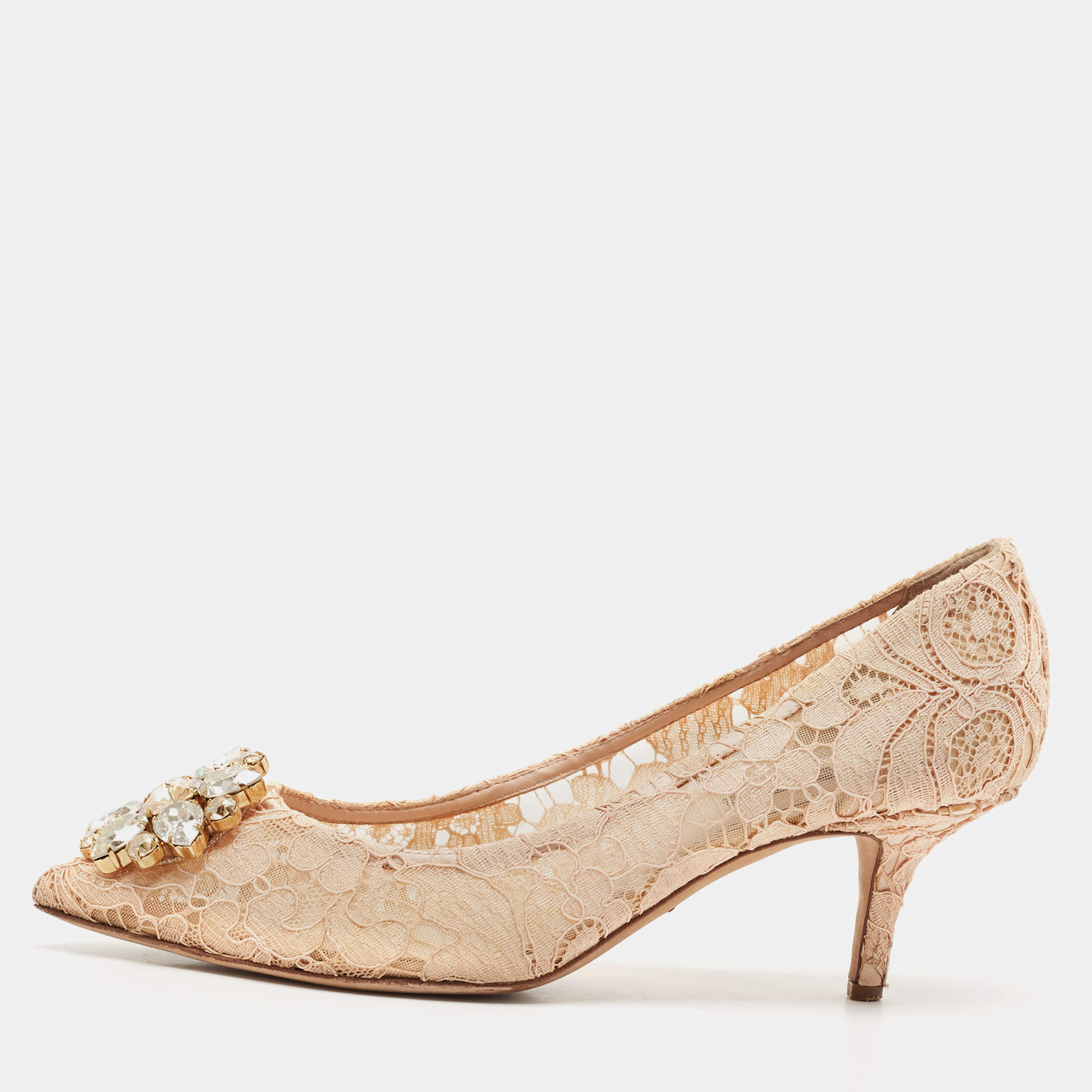 Dolce & Gabbana Beige Lace Bellucci Crystal Embellished Pointed Toe Pumps Size 38