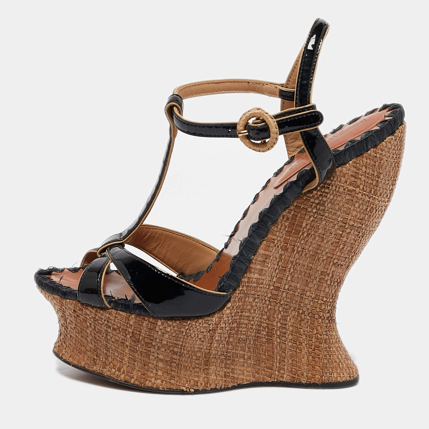 Pre Owned Dolce & Gabbana Black/Beige Patent and Raffia Cork Wedge Ankle Strap Sandals Size 39