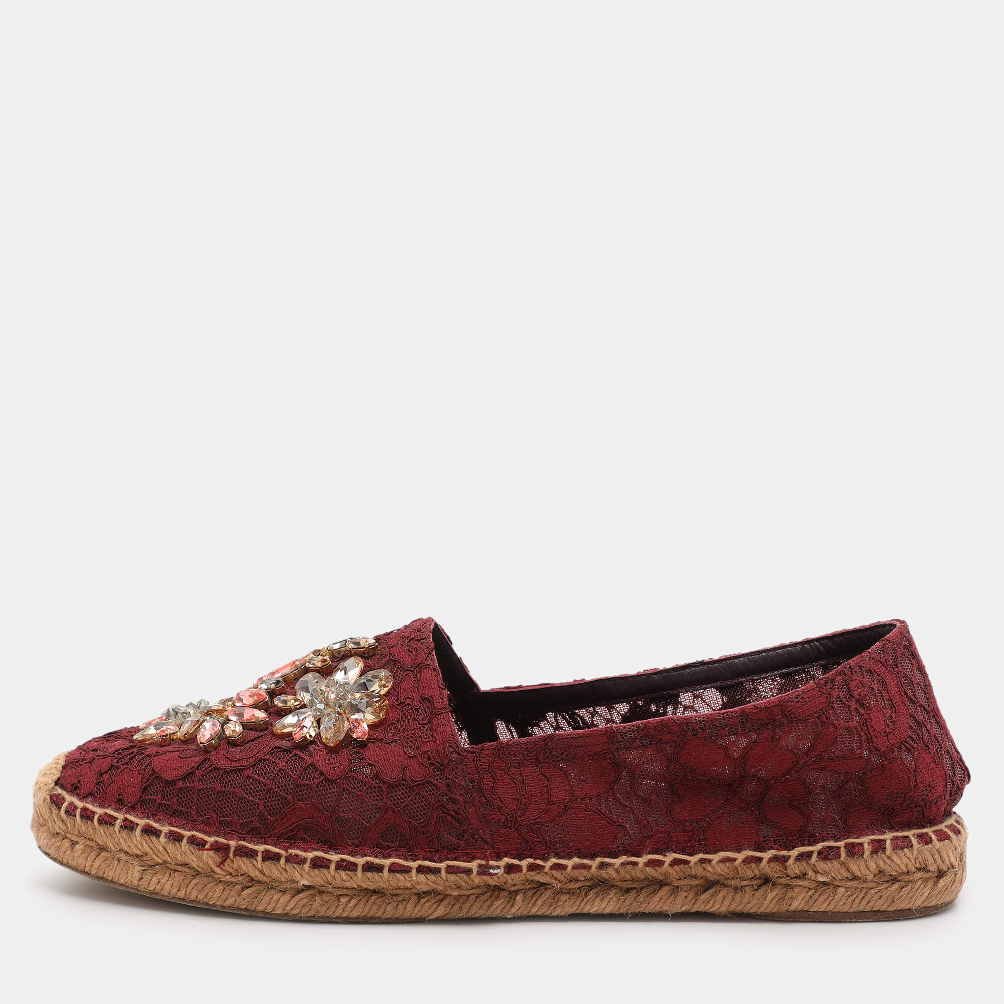 Dolce & Gabbana Burgundy Lace Embellished Espadrille Flats Size 40