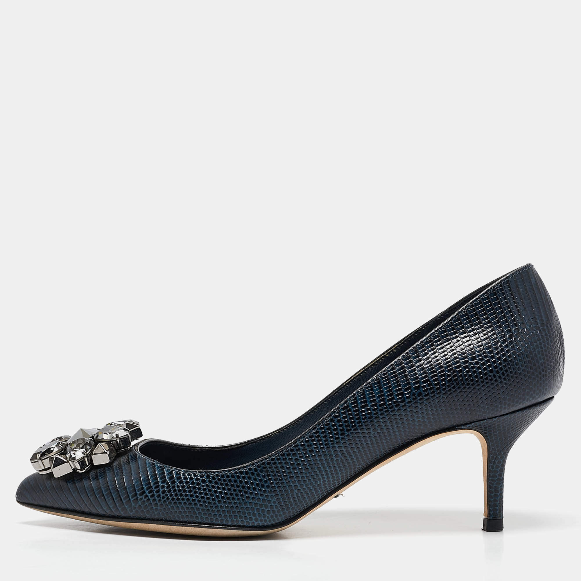 Dolce & Gabbana Navy Blue Lizard Embossed Leather Bellucci Pumps Size 36.5