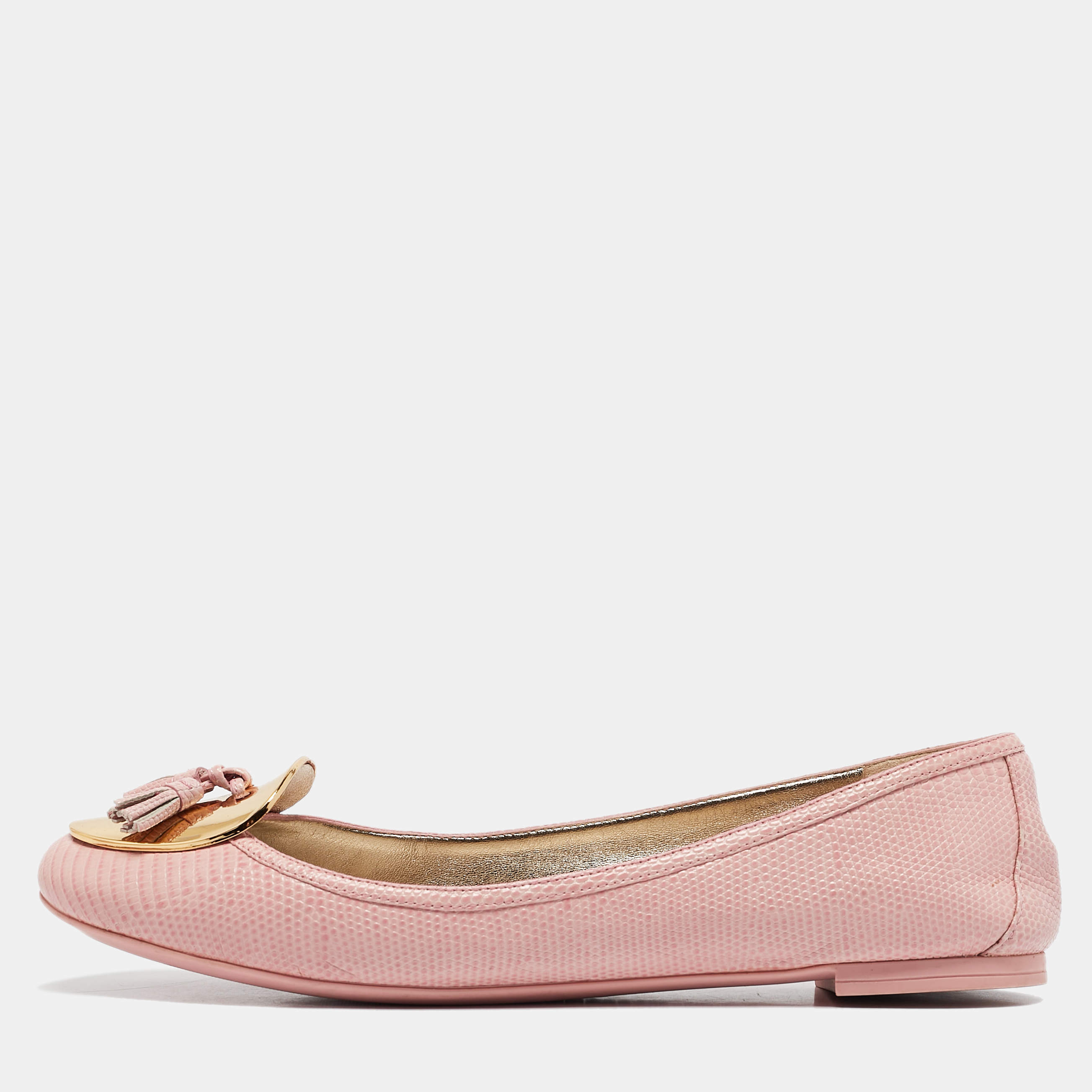Pre Owned  Dolce & Gabbana Pink Lizard Embossed Leather Tassel Ballet Flats Size 40