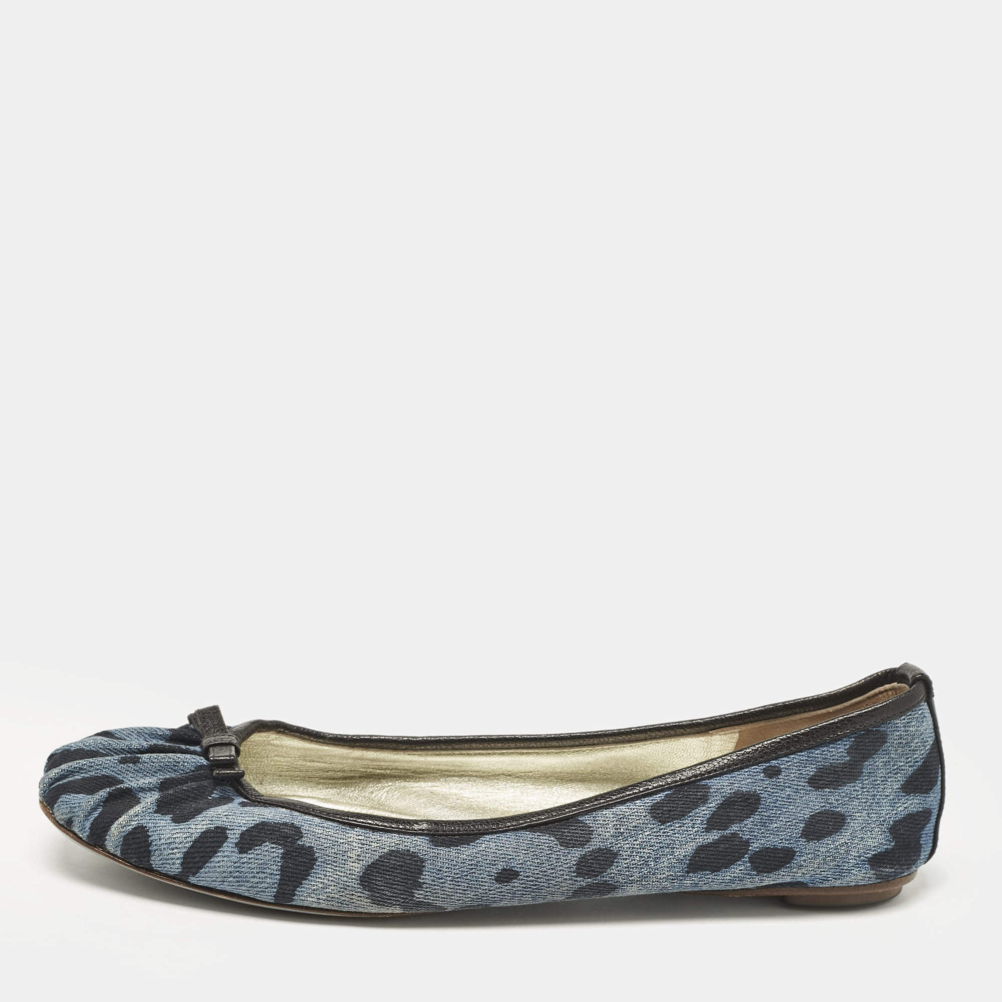 Pre Owned Dolce & Gabbana Blue Leopard Print Denim and Leather Bow Detail Ballet Flats Size 41