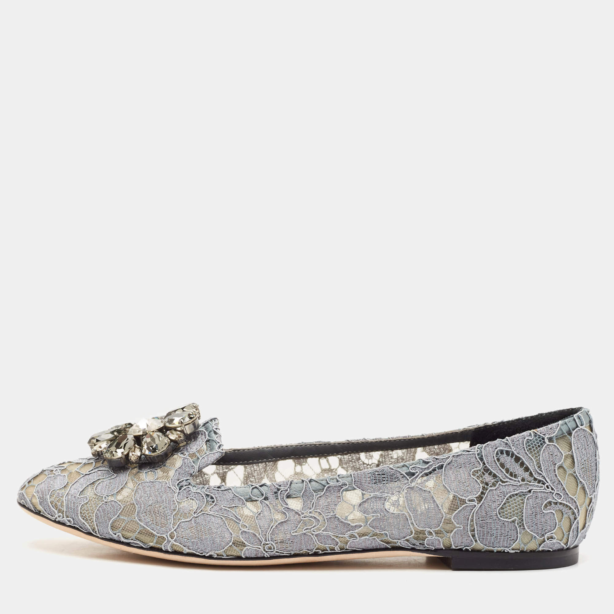 Pre Owned Dolce & Gabbana Grey Lace Crystal Embellished Taormina Ballet Flats Size 38.5