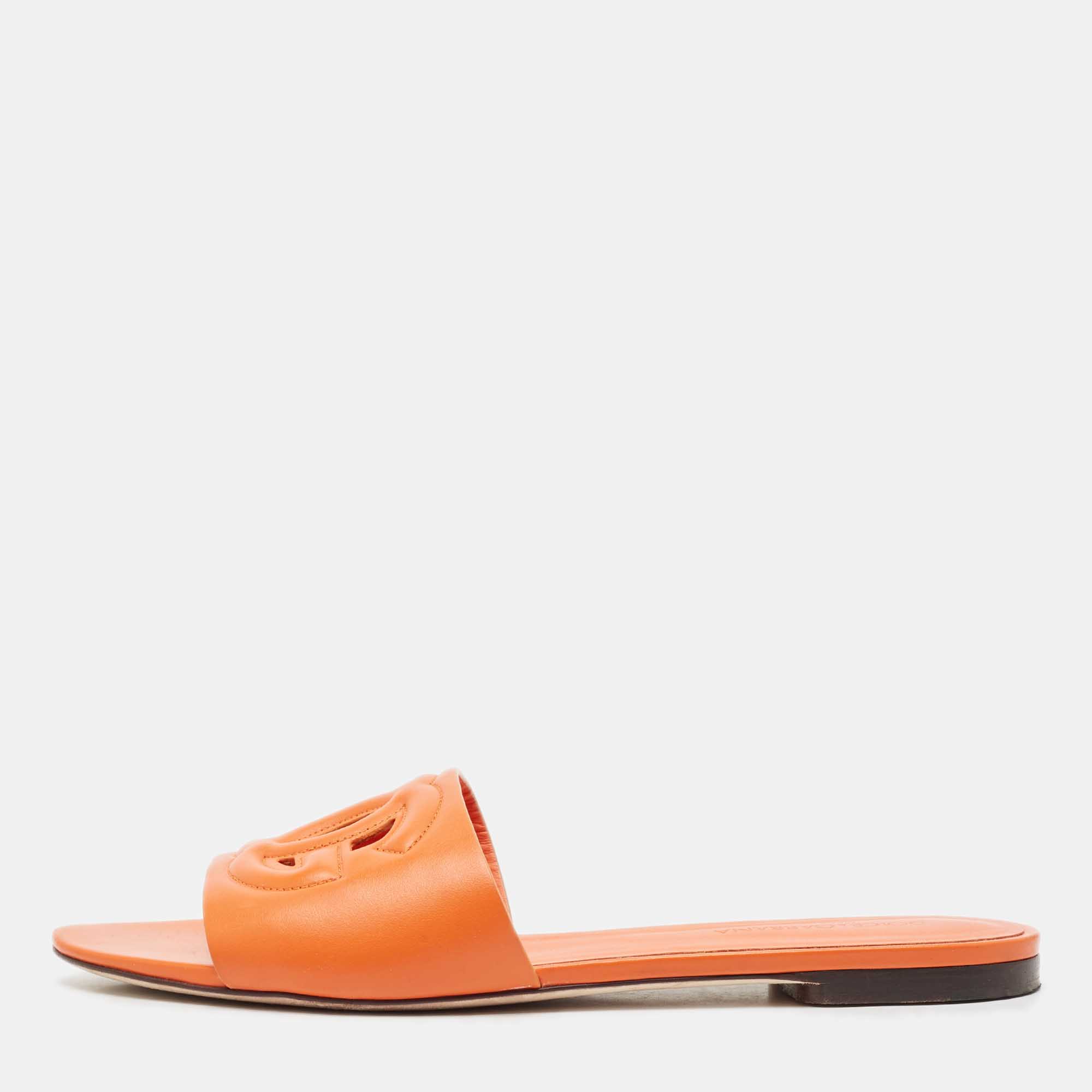 Pre Owned Dolce & Gabbana Orange Leather DG Cut Out Logo Flat Slides Size 39