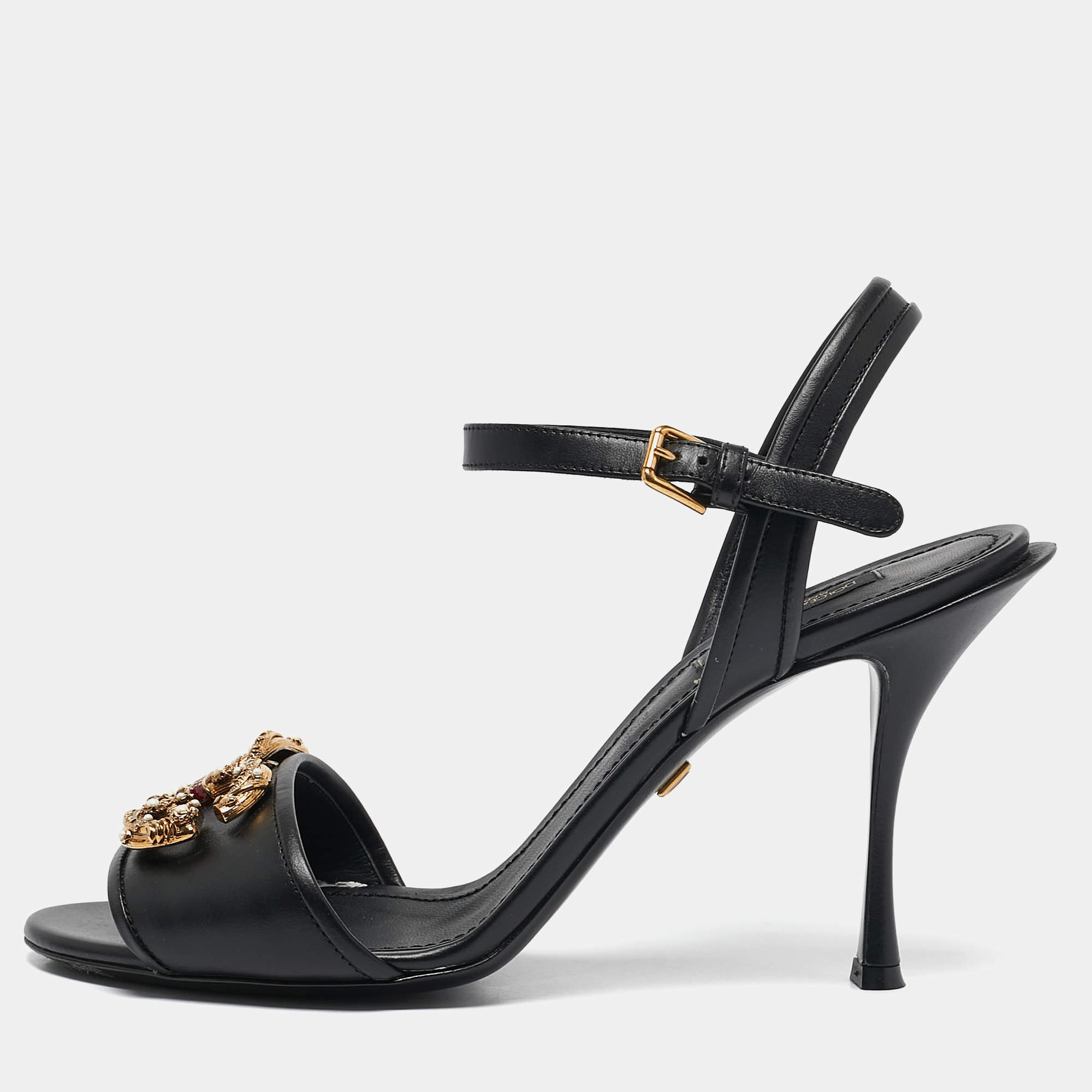 Dolce & Gabbana Black Leather DG Amore Ankle Strap Sandals Size 39.5