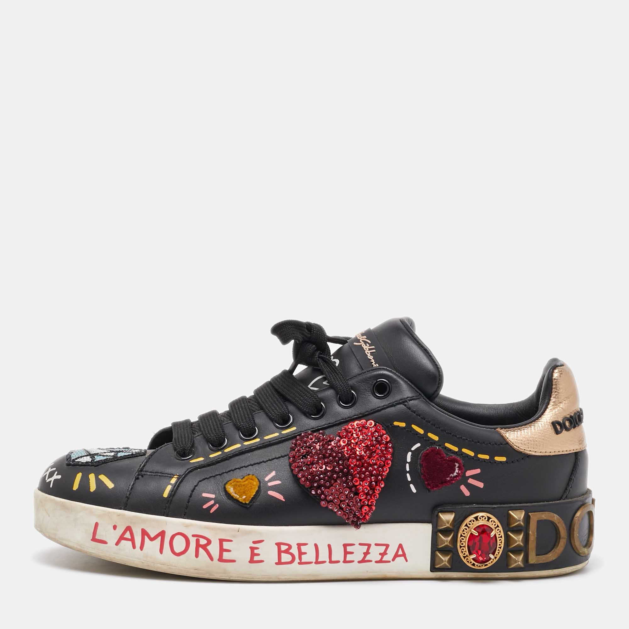 Pre Owned Dolce & Gabbana Black Leather Portofino Embellished Low Top Sneakers Size 38
