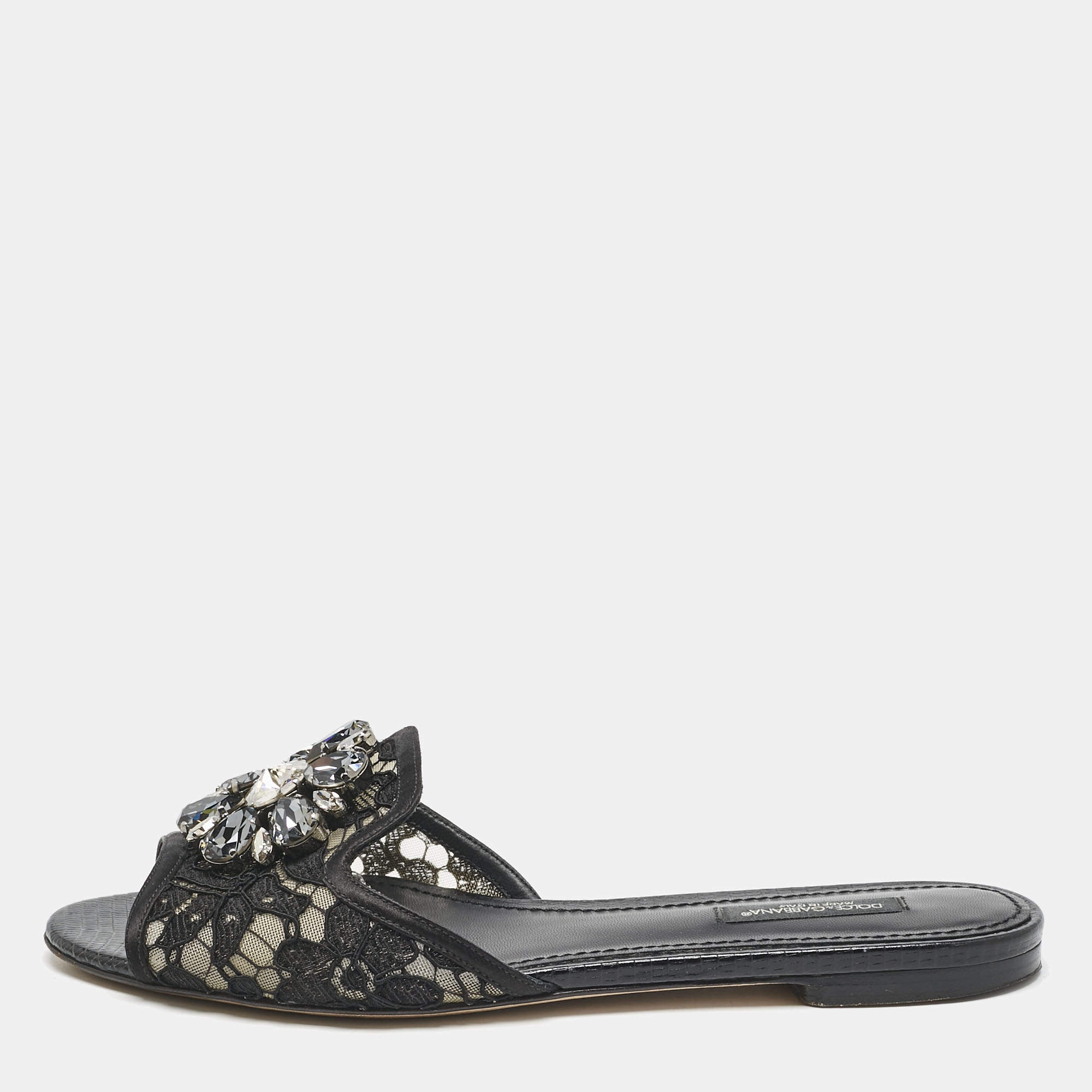 Dolce & Gabbana Black Lace Sofia Crystals Slide Flats Size 37