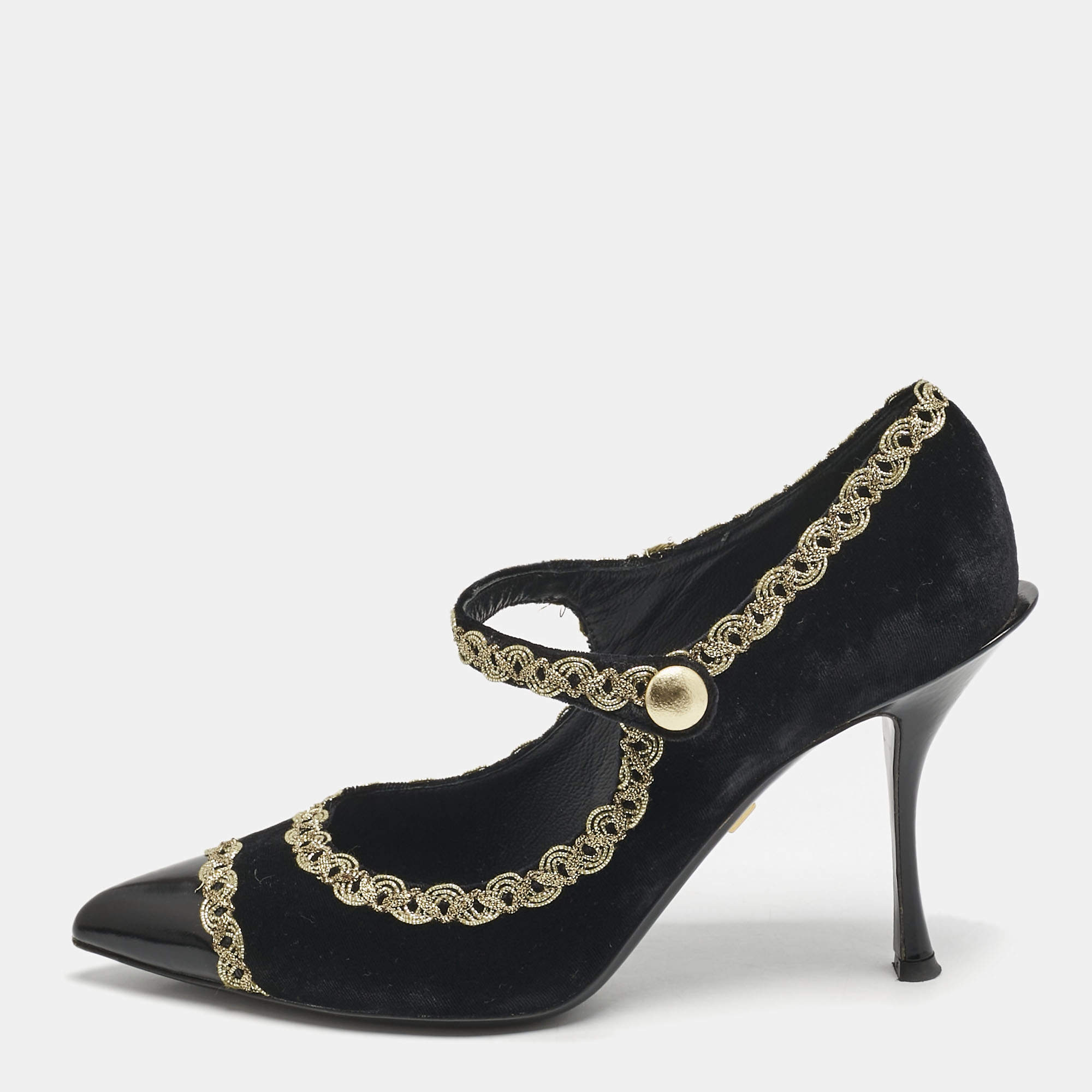 Pre Owned Dolce & Gabbana Black/Gold Velvet and Leather Mary Jane Pumps Size 39