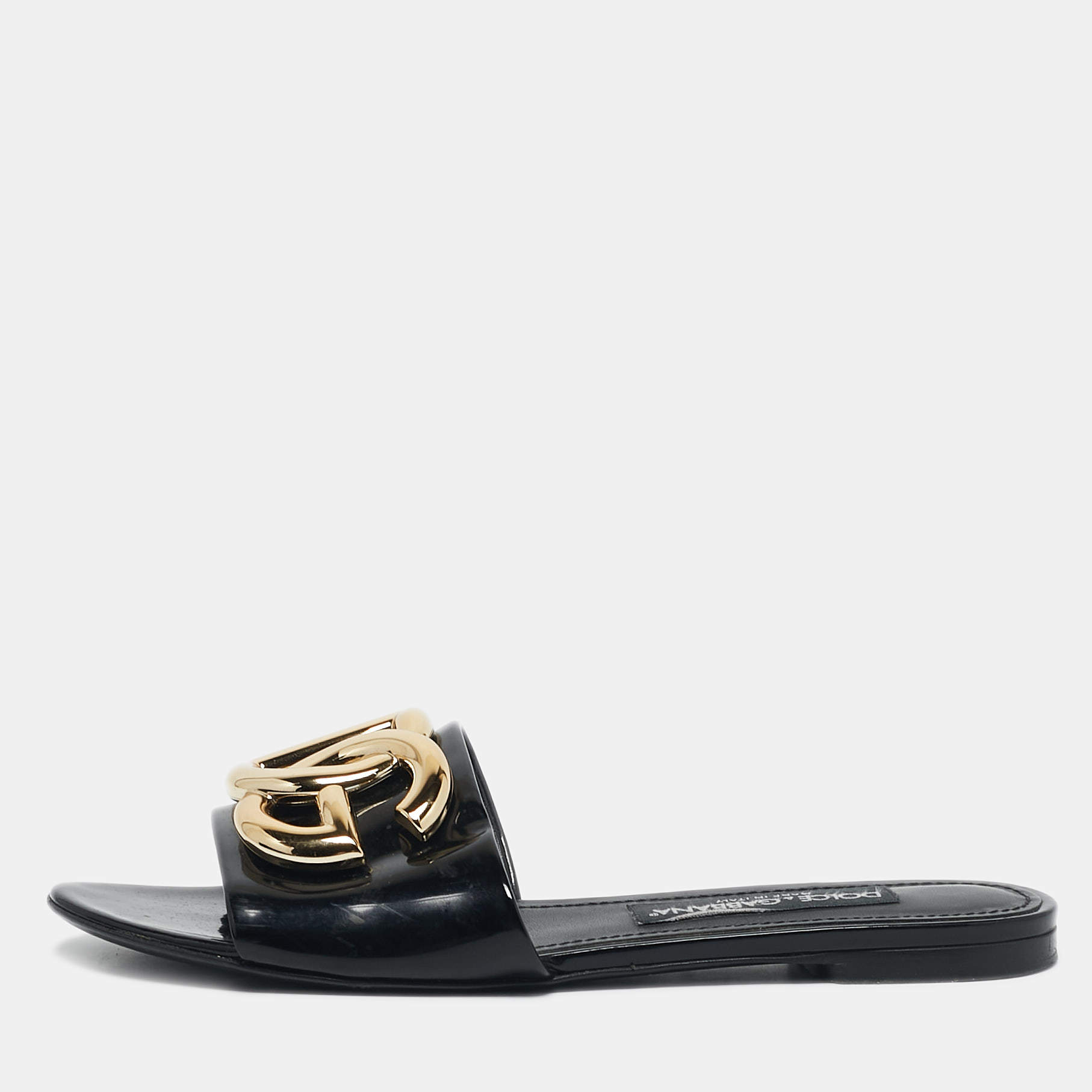 Dolce & Gabbana Black Patent Leather Ciabatta Flat Slide Sandals Size 38.5