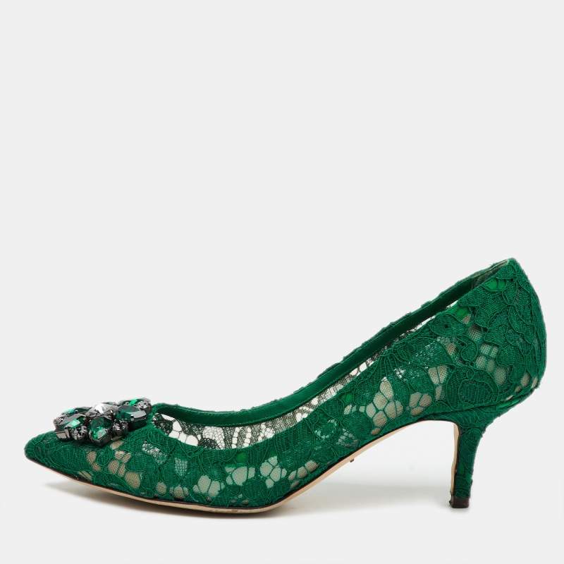 Dolce & Gabbana Green Lace Bellucci Crystal Embellishment Pumps Size 39