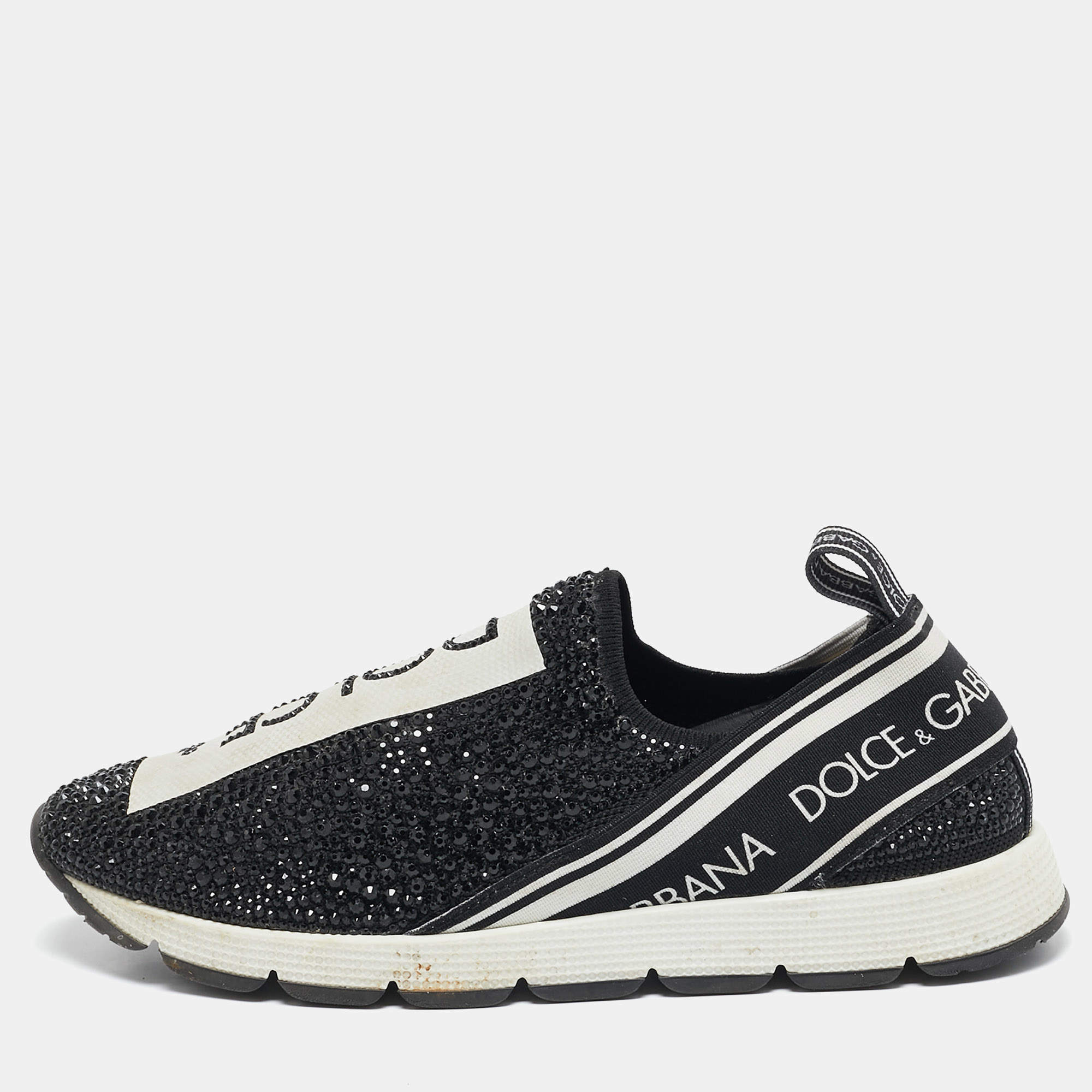 Dolce & Gabbana Black Crystals and Fabric Sorrento Slip On Sneakers Size 35