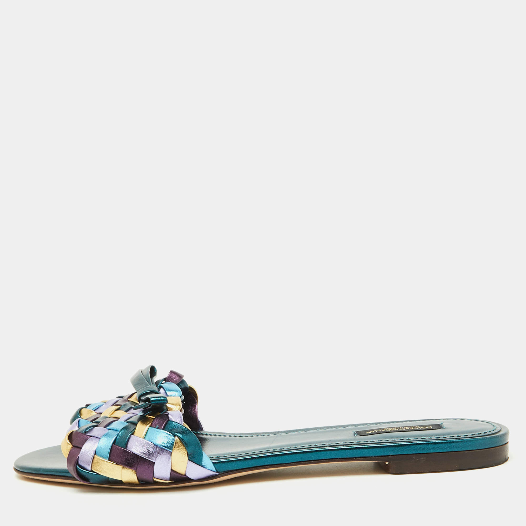 Dolce & Gabbana Multicolor Metallic Leather Woven Bow Flat Slide Sandals Size 39