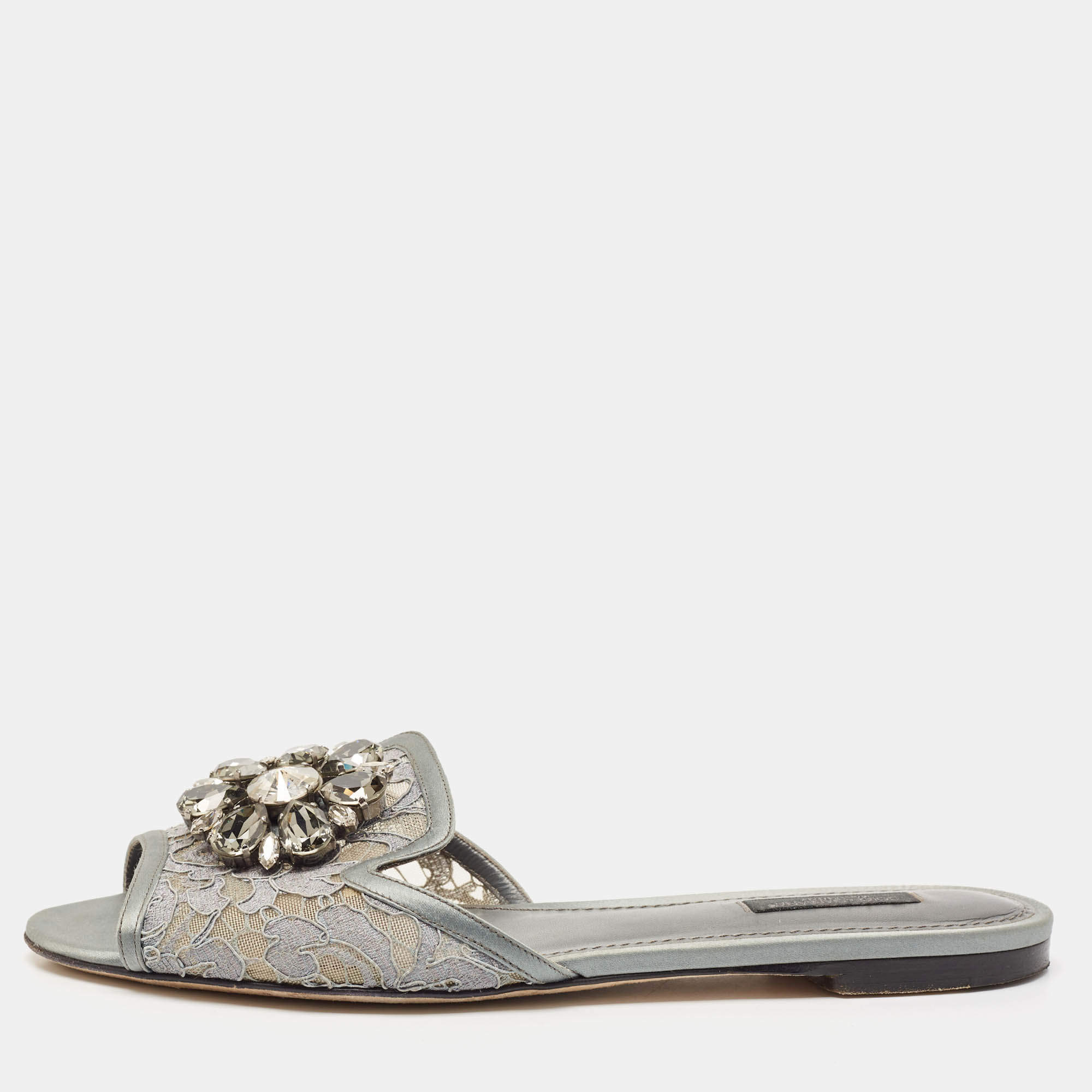 Dolce & Gabbana Grey Lace Crystal Embellished Flat Slide Sandals Size 39