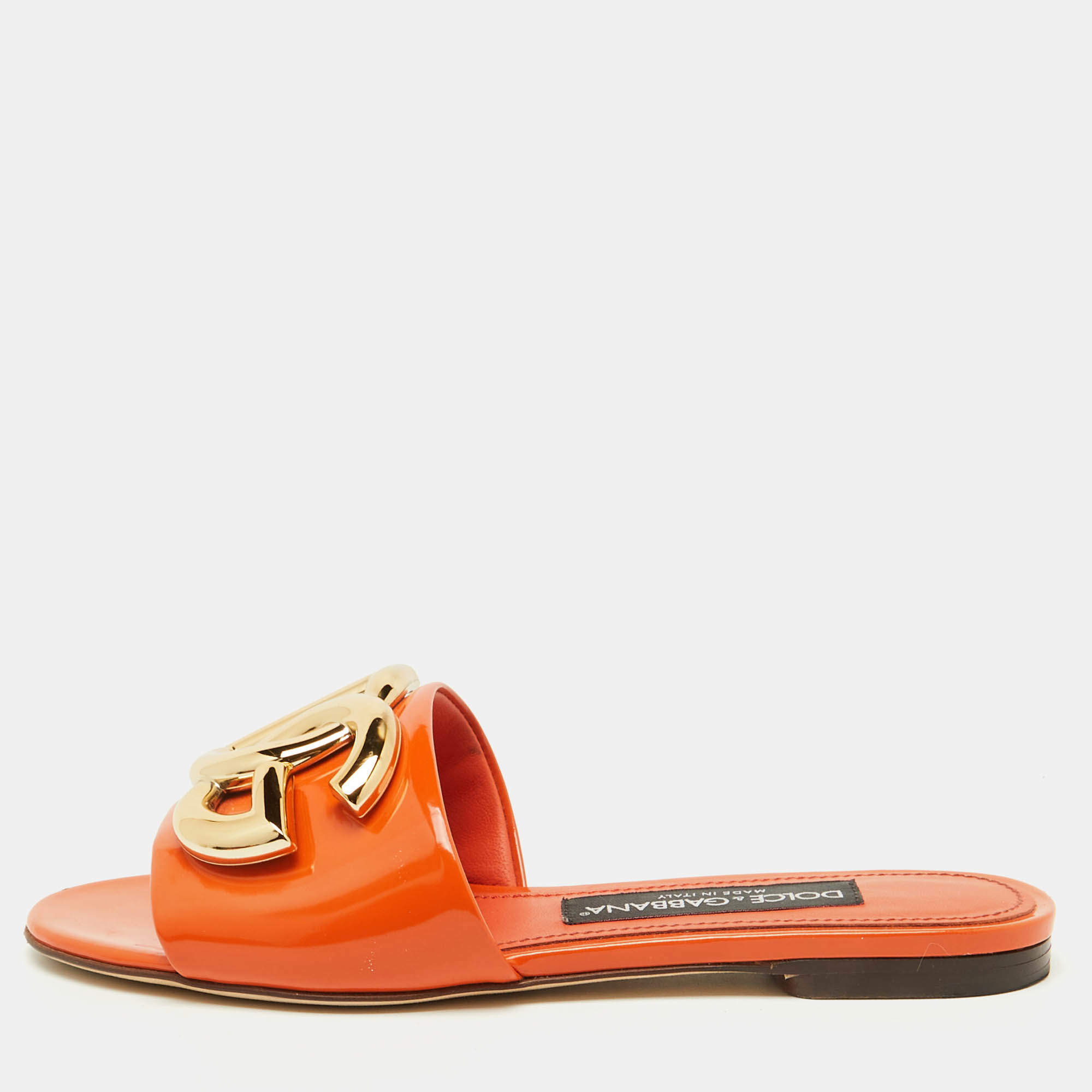 Dolce & Gabbana Orange Patent Leather DG Logo Flat Slide Sandals Size 36