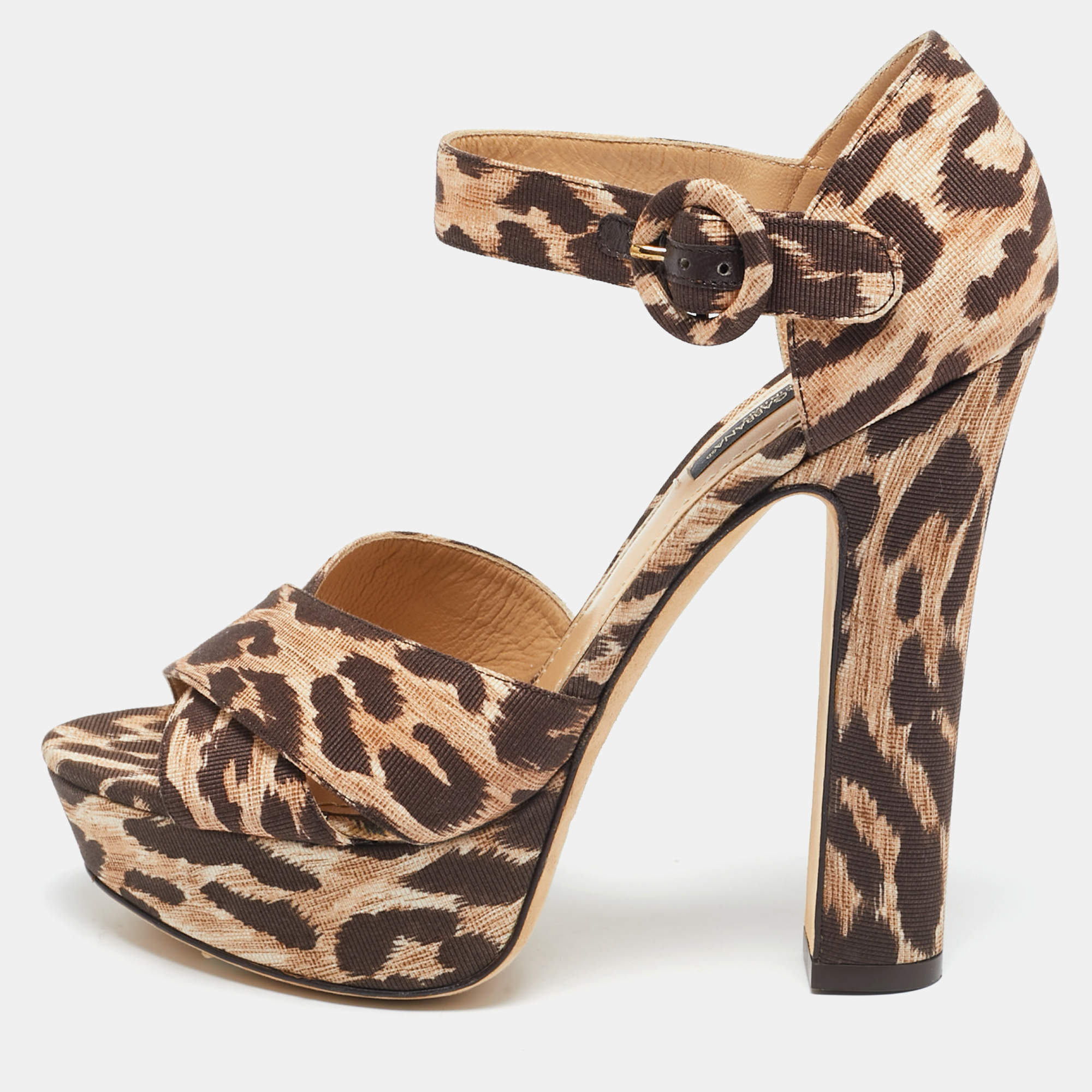 Dolce & Gabbana Beige/Brown Leopard Print Canvas Ankle Strap Sandals Size 37