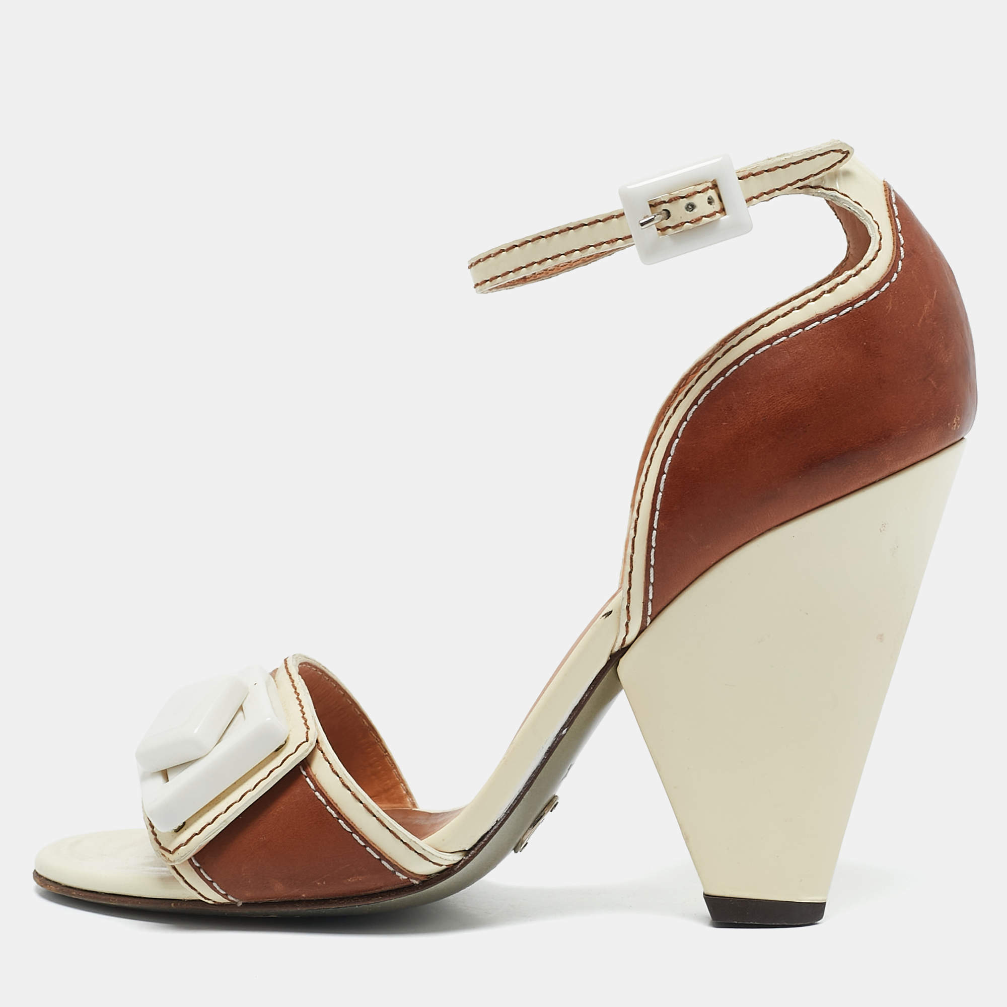 Dolce & Gabbana Brown/Cream Leather Vintage Ankle Strap Sandals Size 37.5