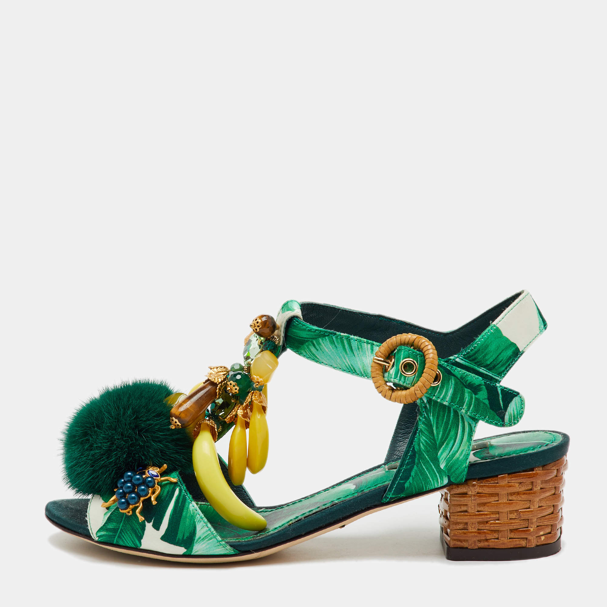 Dolce & Gabbana Green Mink Fur and Satin Banana Leaf T-Strap Sandals Size 36